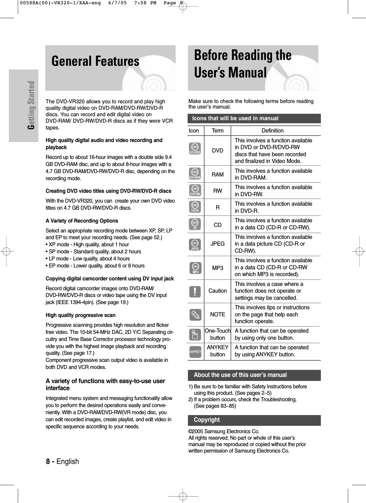 Getting Started8- EnglishBefore Reading theUser’s ManualAbout the use of this user’s manual1) Be sure to be familiar with Safety Instructions beforeusing this product. (See pages 2~5)2) If a problem occurs, check the Troubleshooting. (See pages 83~85)©2005 Samsung Electronics Co.All rights reserved; No part or whole of this user’smanual may be reproduced or copied without the priorwritten permission of Samsung Electronics Co.Make sure to check the following terms before readingthe user’s manual.General FeaturesThe DVD-VR320 allows you to record and play highquality digital video on DVD-RAM/DVD-RW/DVD-Rdiscs. You can record and edit digital video on DVD-RAM/ DVD-RW/DVD-R discs as if they were VCRtapes. High quality digital audio and video recording and playbackRecord up to about 16-hour images with a double side 9.4GB DVD-RAM disc, and up to about 8-hour images with a4.7 GB DVD-RAM/DVD-RW/DVD-R disc, depending on therecording mode.Creating DVD video titles using DVD-RW/DVD-R discsWith the DVD-VR320, you can  create your own DVD videotitles on 4.7 GB DVD-RW/DVD-R discs.AVariety of Recording OptionsSelect an appropriate recording mode between XP, SP, LPand EP to meet your recording needs. (See page 52.) • XP mode - High quality, about 1 hour• SP mode - Standard quality, about 2 hours• LP mode - Low quality, about 4 hours• EP mode - Lower quality, about 6 or 8 hoursCopying digital camcorder content using DV input jackRecord digital camcorder images onto DVD-RAM/DVD-RW/DVD-R discs or video tape using the DV inputjack (IEEE 1394-4pin). (See page 19.)High quality progressive scanProgressive scanning provides high resolution and flickerfree video. The 10-bit 54-MHz DAC, 2D Y/C Separating cir-cuitry and Time Base Corrector processor technology pro-vide you with the highest image playback and recordingquality. (See page 17.)Component progressive scan output video is available inboth DVD and VCR modes. Avariety of functions with easy-to-use userinterfaceIntegrated menu system and messaging functionality allowyou to perform the desired operations easily and conve-niently. With a DVD-RAM/DVD-RW(VR mode) disc, youcan edit recorded images, create playlist, and edit video inspecific sequence according to your needs.CopyrightIcons that will be used in manualIcon Term DefinitionThis involves a function available DVD in DVD or DVD-R/DVD-RW discs that have been recorded and finalized in Video Mode.This involves a function available RAM in DVD-RAM.This involves a function available RW in DVD-RW.This involves a function available Rin DVD-R.CD This involves a function available in a data CD (CD-R or CD-RW).This involves a function available JPEG in a data picture CD (CD-R or CD-RW).This involves a function available MP3 in a data CD (CD-R or CD-RWon which MP3 is recorded).This involves a case where a Caution function does not operate or settings may be cancelled.This involves tips or instructions NOTE on the page that help eachfunction operate.  One-Touch A function that can be operatedbutton by using only one button.ANYKEY A function that can be operated button by using ANYKEY button.00588A(00)-VR320-1/XAA-eng  6/7/05  7:08 PM  Page 8