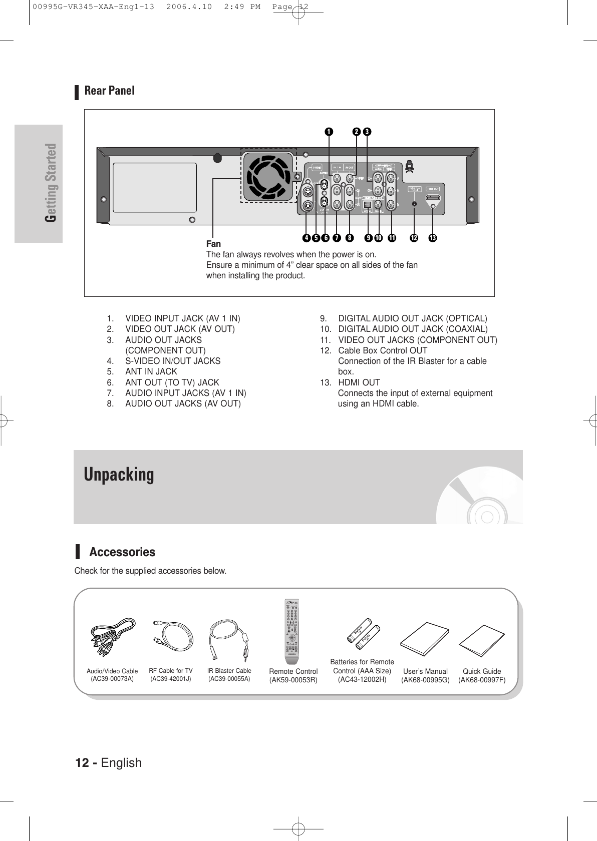 12 - EnglishGetting StartedRear Panel 1. VIDEO INPUT JACK (AV 1 IN)2. VIDEO OUT JACK (AV OUT)3. AUDIO OUT JACKS(COMPONENT OUT) 4. S-VIDEO IN/OUT JACKS5. ANT IN JACK6. ANT OUT (TO TV) JACK    7. AUDIO INPUT JACKS (AV 1 IN)8. AUDIO OUT JACKS (AV OUT)9. DIGITAL AUDIO OUT JACK (OPTICAL) 10. DIGITAL AUDIO OUT JACK (COAXIAL)11. VIDEO OUT JACKS (COMPONENT OUT)12. Cable Box Control OUTConnection of the IR Blaster for a cablebox.13. HDMI OUTConnects the input of external equipmentusing an HDMI cable.10 11 131242 36 7 8591FanThe fan always revolves when the power is on. Ensure a minimum of 4” clear space on all sides of the fanwhen installing the product.UnpackingAccessoriesCheck for the supplied accessories below.Batteries for RemoteControl (AAA Size)(AC43-12002H)Remote Control(AK59-00053R) User’s Manual (AK68-00995G)Audio/Video Cable (AC39-00073A)RF Cable for TV (AC39-42001J) IR Blaster Cable(AC39-00055A)Quick Guide(AK68-00997F)00995G-VR345-XAA-Eng1-13  2006.4.10  2:49 PM  Page 12