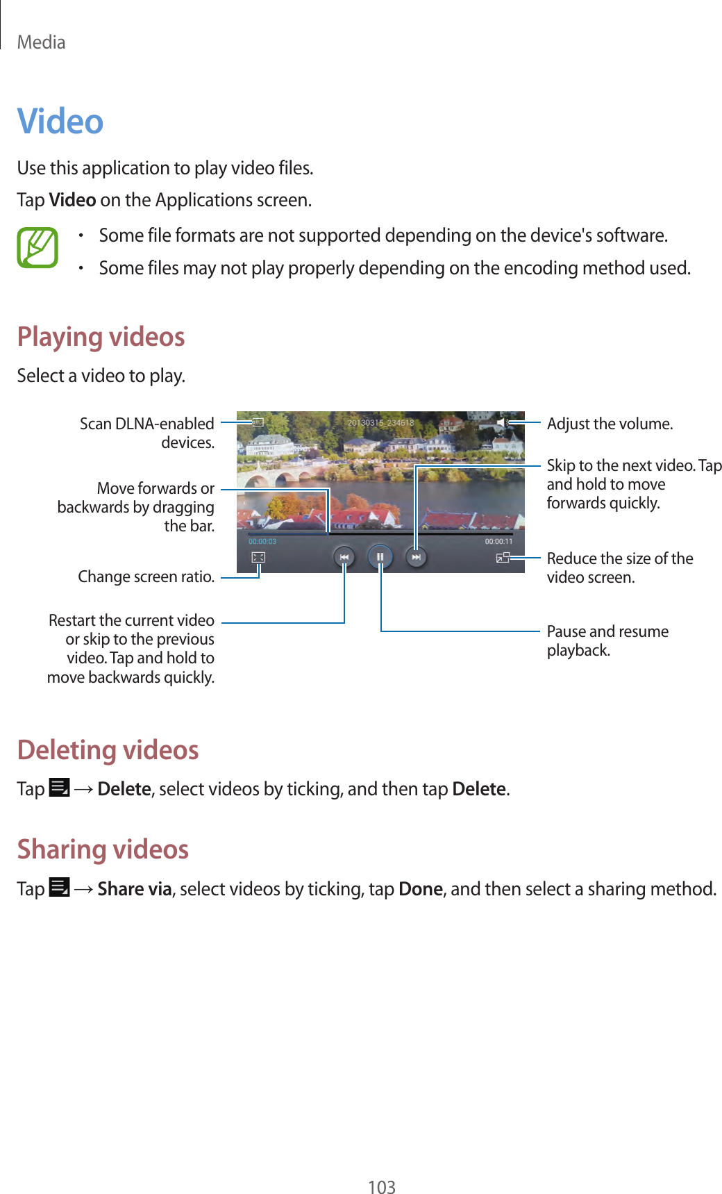 Media103VideoUse this application to play video files.Tap Video on the Applications screen.•Some file formats are not supported depending on the device's software.•Some files may not play properly depending on the encoding method used.Playing videosSelect a video to play.Change screen ratio.Move forwards or backwards by dragging the bar.Scan DLNA-enabled devices.Restart the current video or skip to the previous video. Tap and hold to move backwards quickly.Skip to the next video. Tap and hold to move forwards quickly.Adjust the volume.Reduce the size of the video screen.Pause and resume playback.Deleting videosTap → Delete, select videos by ticking, and then tap Delete.Sharing videosTap → Share via, select videos by ticking, tap Done, and then select a sharing method.