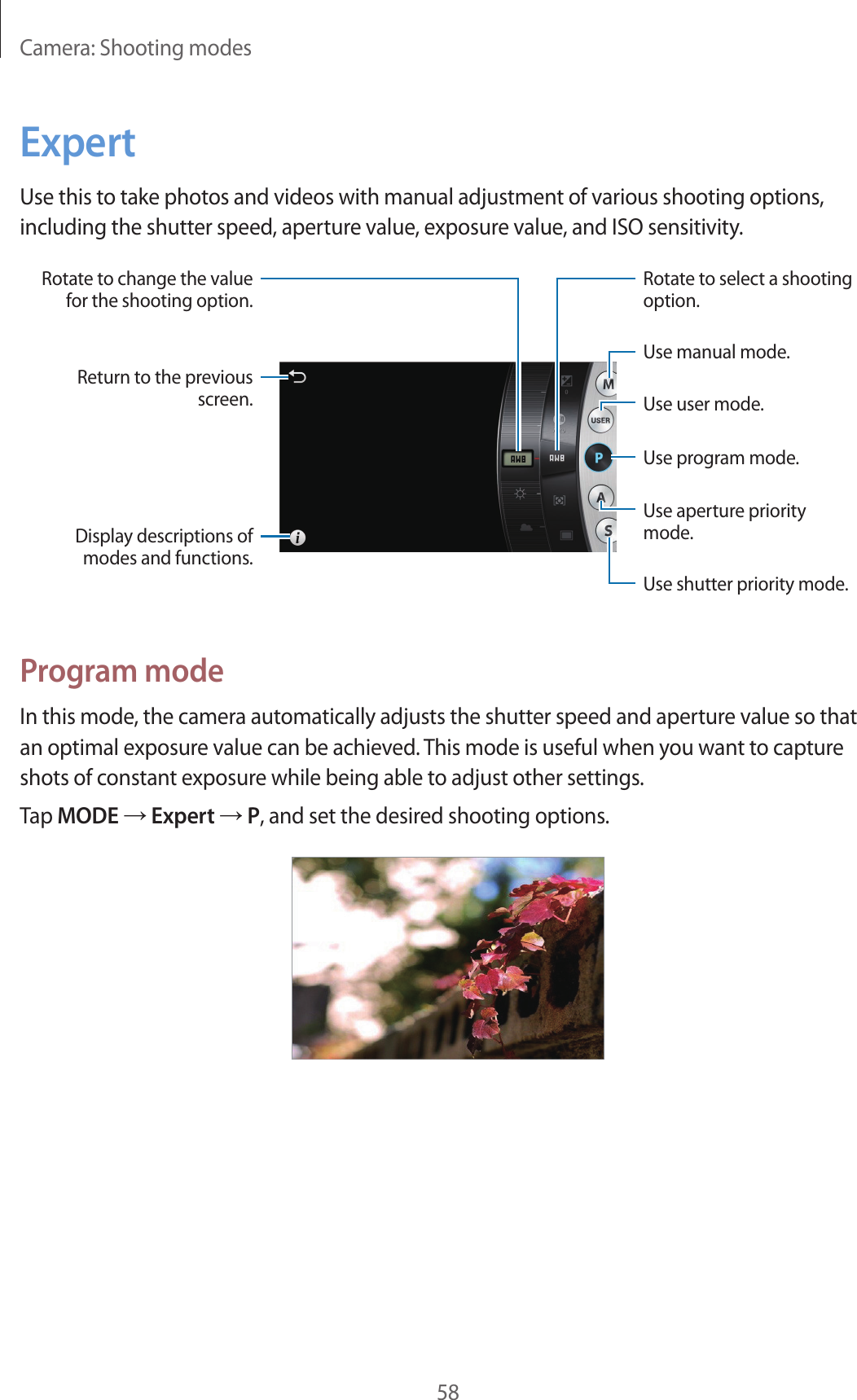 Camera: Shooting modes58ExpertUse this to take photos and videos with manual adjustment of various shooting options, including the shutter speed, aperture value, exposure value, and ISO sensitivity.Return to the previous screen.Display descriptions of modes and functions.Rotate to change the value for the shooting option.Rotate to select a shooting option.Use manual mode.Use user mode.Use program mode.Use aperture priority mode.Use shutter priority mode.Program modeIn this mode, the camera automatically adjusts the shutter speed and aperture value so that an optimal exposure value can be achieved. This mode is useful when you want to capture shots of constant exposure while being able to adjust other settings.Tap MODE → Expert → P, and set the desired shooting options.