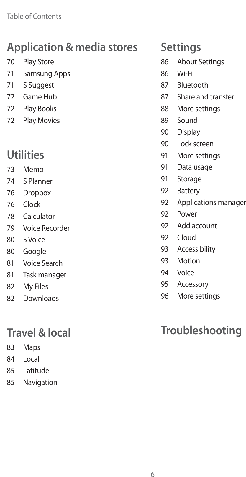 Table of Contents6Settings86 About Settings86 Wi-Fi87 Bluetooth87 Share and transfer88 More settings89 Sound90 Display90 Lock screen91 More settings91 Data usage91 Storage92 Battery92 Applications manager92 Power92 Add account92 Cloud93 Accessibility93 Motion94 Voice95 Accessory96 More settingsTroubleshootingApplication & media stores70 Play Store71 Samsung Apps71 S Suggest72 Game Hub72 Play Books72 Play MoviesUtilities73 Memo74 S Planner76 Dropbox76 Clock78 Calculator79 Voice Recorder80 S Voice80 Google81 Voice Search81 Task manager82 My Files82 DownloadsTravel & local83 Maps84 Local85 Latitude85 Navigation