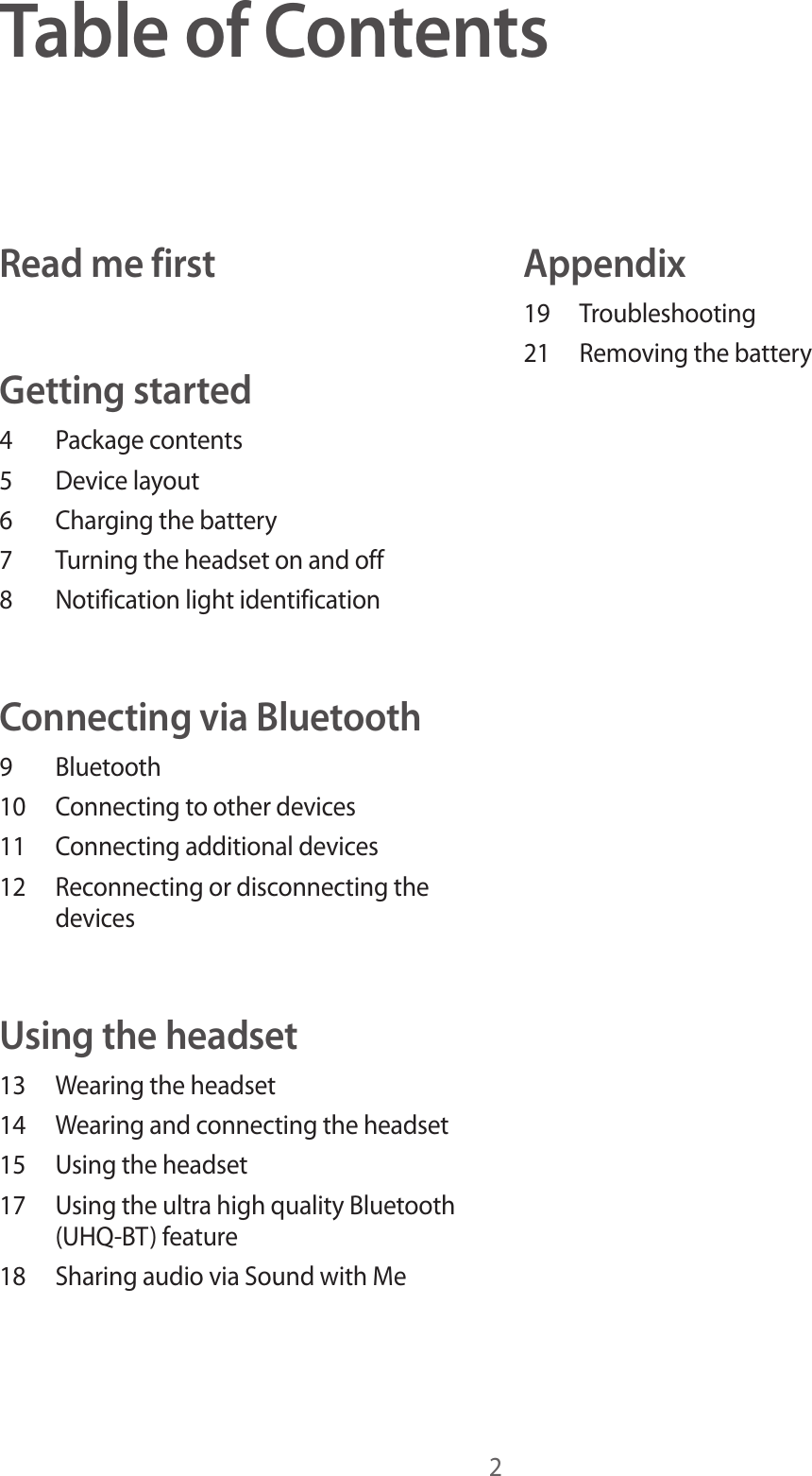 2Table of ContentsRead me firstGetting started4  Package contents5  Device layout6  Charging the battery7  Turning the headset on and off8  Notification light identificationConnecting via Bluetooth9 Bluetooth10  Connecting to other devices11  Connecting additional devices12  Reconnecting or disconnecting the devicesUsing the headset13  Wearing the headset14  Wearing and connecting the headset15  Using the headset17  Using the ultra high quality Bluetooth (UHQ-BT) feature18  Sharing audio via Sound with MeAppendix19 Troubleshooting21  Removing the battery