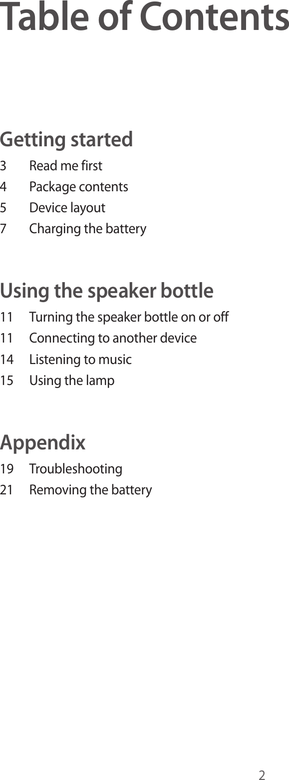 2Table of ContentsGetting started3  Read me first4  Package contents5  Device layout7  Charging the batteryUsing the speaker bottle11  Turning the speaker bottle on or off11  Connecting to another device14  Listening to music15  Using the lampAppendix19 Troubleshooting21  Removing the battery