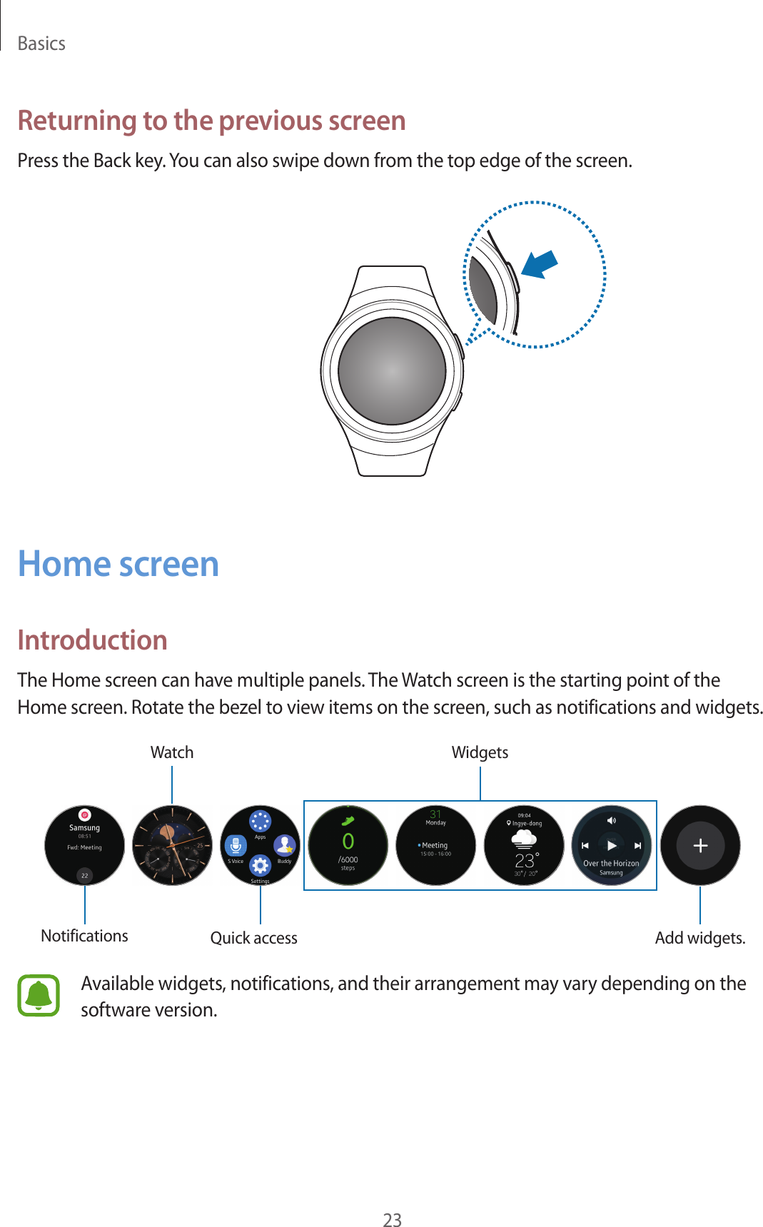 Basics23Returning to the previous screenPress the Back key. You can also swipe down from the top edge of the screen.Home screenIntroductionThe Home screen can have multiple panels. The Watch screen is the starting point of the Home screen. Rotate the bezel to view items on the screen, such as notifications and widgets.NotificationsWatchQuick accessWidgetsAdd widgets.Available widgets, notifications, and their arrangement may vary depending on the software version.