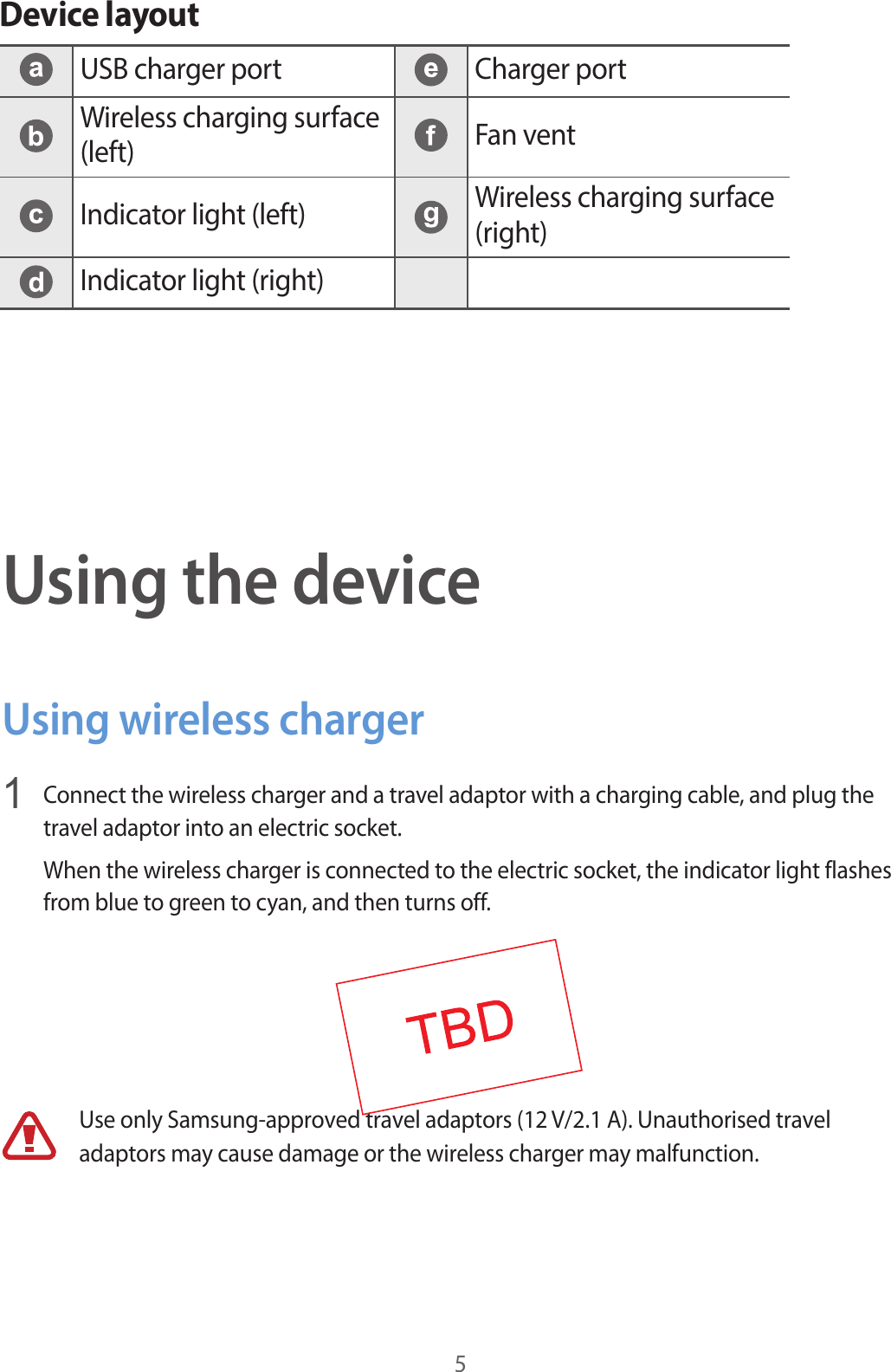 5Using the deviceUsing wireless charger1  Connect the wireless charger and a travel adaptor with a charging cable, and plug thetravel adaptor into an electric socket.When the wireless charger is connected to the electric socket, the indicator light flashes from blue to green to cyan, and then turns off.Use only Samsung-approved travel adaptors (12 V/2.1 A). Unauthorised travel adaptors may cause damage or the wireless charger may malfunction.Device layoutUSB charger port Charger portWireless charging surface (left) Fan ventIndicator light (left) Wireless charging surface (right)Indicator light (right)