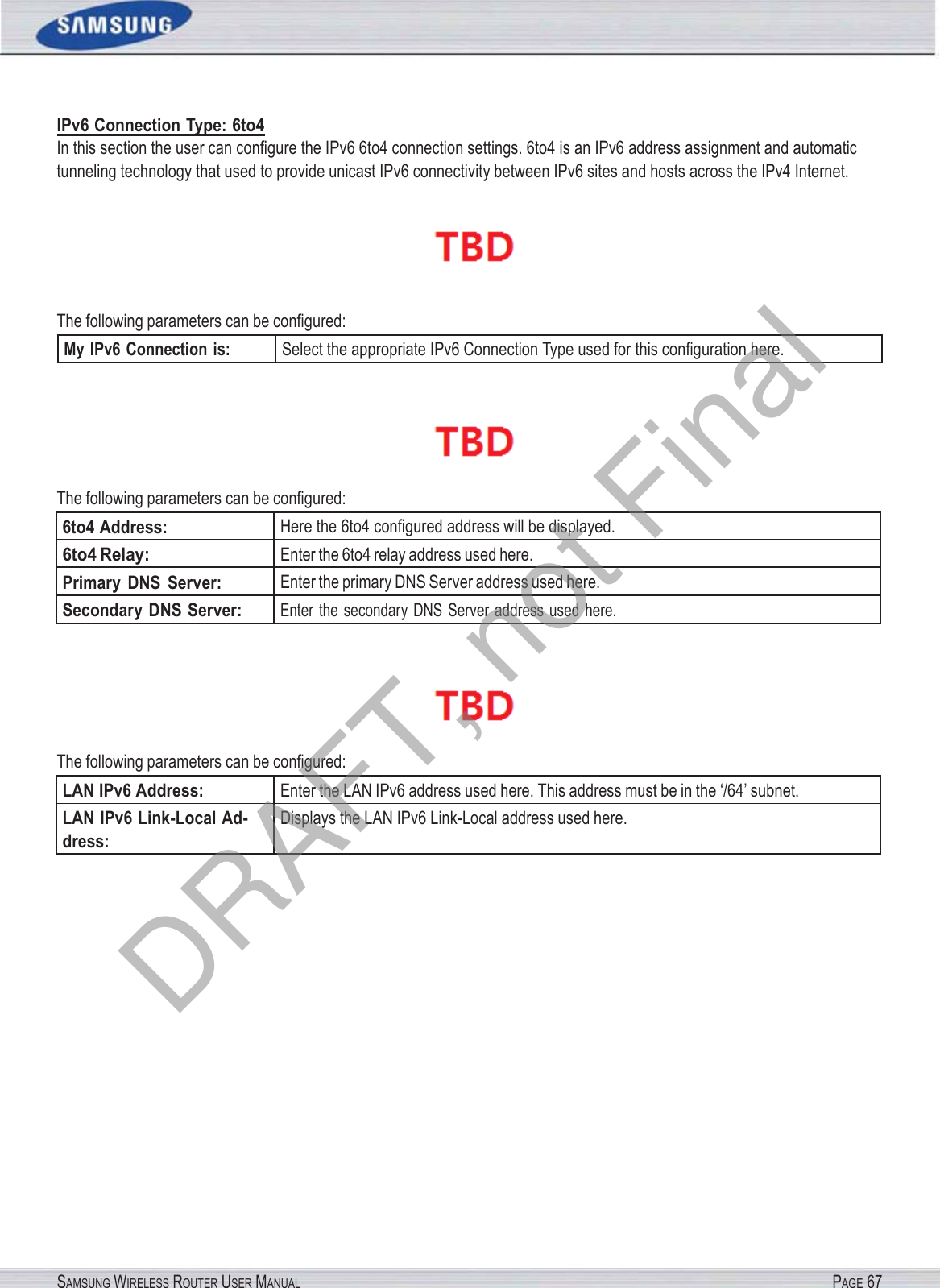 SAMSUNG WIRELESS ROUTER USER MANUAL PAGE 67IPv6 Connection Type: 6to4 In this section the user can conﬁgure the IPv6 6to4 connection settings. 6to4 is an IPv6 address assignment and automatic tunneling technology that used to provide unicast IPv6 connectivity between IPv6 sites and hosts across the IPv4 Internet.  The following parameters can be conﬁgured: My IPv6 Connection  is: Select the appropriate IPv6 Connection Type used for this conﬁguration here.  The following parameters can be conﬁgured: 6to4 Address: Here the 6to4 conﬁgured address will be displayed. 6to4 Relay: Enter the 6to4 relay address used here. Primary  DNS  Server: Enter the primary DNS Server address used here. Secondary  DNS Server: Enter  the  secondary  DNS  Server  address  used  here.  The following parameters can be conﬁgured: LAN IPv6 Address: Enter the LAN IPv6 address used here. This address must be in the ‘/64’ subnet. LAN IPv6 Link-Local Ad- dress: Displays the LAN IPv6 Link-Local address used here. DRAFT, not Final