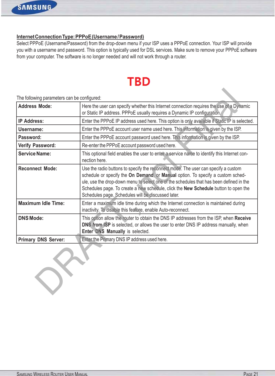 SAMSUNG WIRELESS ROUTER USER MANUAL PAGE 21Internet Connection Type: PPPoE (Username / Password) Select PPPoE (Username/Password) from the drop-down menu if your ISP uses a PPPoE connection. Your ISP will provide you with a username and password. This option is typically used for DSL services. Make sure to remove your PPPoE software from your computer. The software is no longer needed and will not work through a router.  The following parameters can be conﬁgured: Address  Mode: Here the user can specify whether this Internet connection requires the use of a Dynamic or Static IP address. PPPoE usually requires a Dynamic IP conﬁguration. IP Address: Enter the PPPoE IP address used here. This option is only available if Static IP is selected. Username: Enter the PPPoE account user name used here. This information is given by the ISP. Password: Enter the PPPoE account password used here. This information is given by the ISP. Verify Password: Re-enter the PPPoE account password used here. Service Name: This optional ﬁeld enables the user to enter a service name to identify this Internet con- nection here. Reconnect  Mode: Use the radio buttons to specify the reconnect mode. The user can specify a custom schedule or specify the On  Demand, or Manual option. To specify a custom sched- ule, use the drop-down menu to select one of the schedules that has been deﬁned in the Schedules page. To create a new schedule, click the New Schedule button to open the Schedules page. Schedules will be discussed later. Maximum Idle Time: Enter a maximum idle time during which the Internet connection is maintained during inactivity. To disable this feature, enable Auto-reconnect. DNS Mode: This option allow the router to obtain the DNS IP addresses from the ISP, when Receive DNS from ISP is selected, or allows the user to enter DNS IP address manually, when Enter  DNS  Manually is  selected. Primary  DNS  Server: Enter the Primary DNS IP address used here. DRAFT, not Final