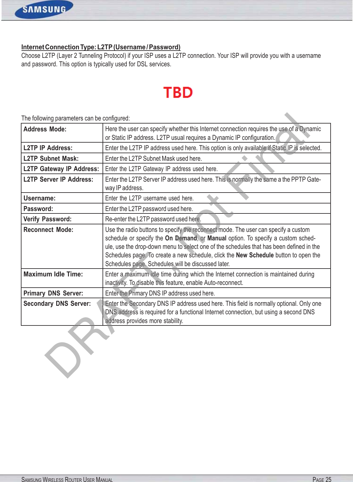 SAMSUNG WIRELESS ROUTER USER MANUAL PAGE 25Internet Connection Type: L2TP (Username / Password) Choose L2TP (Layer 2 Tunneling Protocol) if your ISP uses a L2TP connection. Your ISP will provide you with a username and password. This option is typically used for DSL services.  The following parameters can be conﬁgured: Address  Mode: Here the user can specify whether this Internet connection requires the use of a Dynamic or Static IP address. L2TP usual requires a Dynamic IP conﬁguration. L2TP IP Address: Enter the L2TP IP address used here. This option is only available if Static IP is selected. L2TP Subnet Mask: Enter the L2TP Subnet Mask used here. L2TP Gateway IP Address:Enter the L2TP Gateway IP address used here. L2TP Server IP Address: Enter the L2TP Server IP address used here. This is normally the same a the PPTP Gate- way IP address. Username: Enter  the  L2TP  username  used  here. Password: Enter the L2TP password used here. Verify Password: Re-enter the L2TP password used here. Reconnect  Mode: Use the radio buttons to specify the reconnect mode. The user can specify a custom schedule or specify the On  Demand, or Manual option. To specify a custom sched- ule, use the drop-down menu to select one of the schedules that has been deﬁned in the Schedules page. To create a new schedule, click the New Schedule button to open the Schedules page. Schedules will be discussed later. Maximum Idle Time: Enter a maximum idle time during which the Internet connection is maintained during inactivity. To disable this feature, enable Auto-reconnect. Primary  DNS  Server: Enter the Primary DNS IP address used here. Secondary  DNS Server: Enter the Secondary DNS IP address used here. This ﬁeld is normally optional. Only one DNS address is required for a functional Internet connection, but using a second DNS address provides more stability. DRAFT, not Final