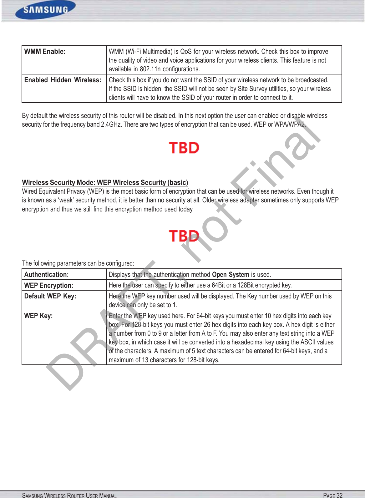 SAMSUNG WIRELESS ROUTER USER MANUAL PAGE 32WMM Enable: WMM (Wi-Fi Multimedia) is QoS for your wireless network. Check this box to improve the quality of video and voice applications for your wireless clients. This feature is not available in 802.11n conﬁgurations. Enabled  Hidden  Wireless: Check this box if you do not want the SSID of your wireless network to be broadcasted. If the SSID is hidden, the SSID will not be seen by Site Survey utilities, so your wireless clients will have to know the SSID of your router in order to connect to it. By default the wireless security of this router will be disabled. In this next option the user can enabled or disable wireless security for the frequency band 2.4GHz. There are two types of encryption that can be used. WEP or WPA/WPA2.  Wireless Security Mode: WEP Wireless Security (basic) Wired Equivalent Privacy (WEP) is the most basic form of encryption that can be used for wireless networks. Even though it  is known as a ‘weak’ security method, it is better than no security at all. Older wireless adapter sometimes only supports WEP encryption and thus we still ﬁnd this encryption method used today.  The following parameters can be conﬁgured: Authentication: Displays that the authentication method Open System is used. WEP Encryption: Here the user can specify to either use a 64Bit or a 128Bit encrypted key. Default WEP Key: Here the WEP key number used will be displayed. The Key number used by WEP on this device can only be set to 1. WEP Key: Enter the WEP key used here. For 64-bit keys you must enter 10 hex digits into each key box. For 128-bit keys you must enter 26 hex digits into each key box. A hex digit is either a number from 0 to 9 or a letter from A to F. You may also enter any text string into a WEP key box, in which case it will be converted into a hexadecimal key using the ASCII values of the characters. A maximum of 5 text characters can be entered for 64-bit keys, and a maximum of 13 characters for 128-bit keys. DRAFT, not Final