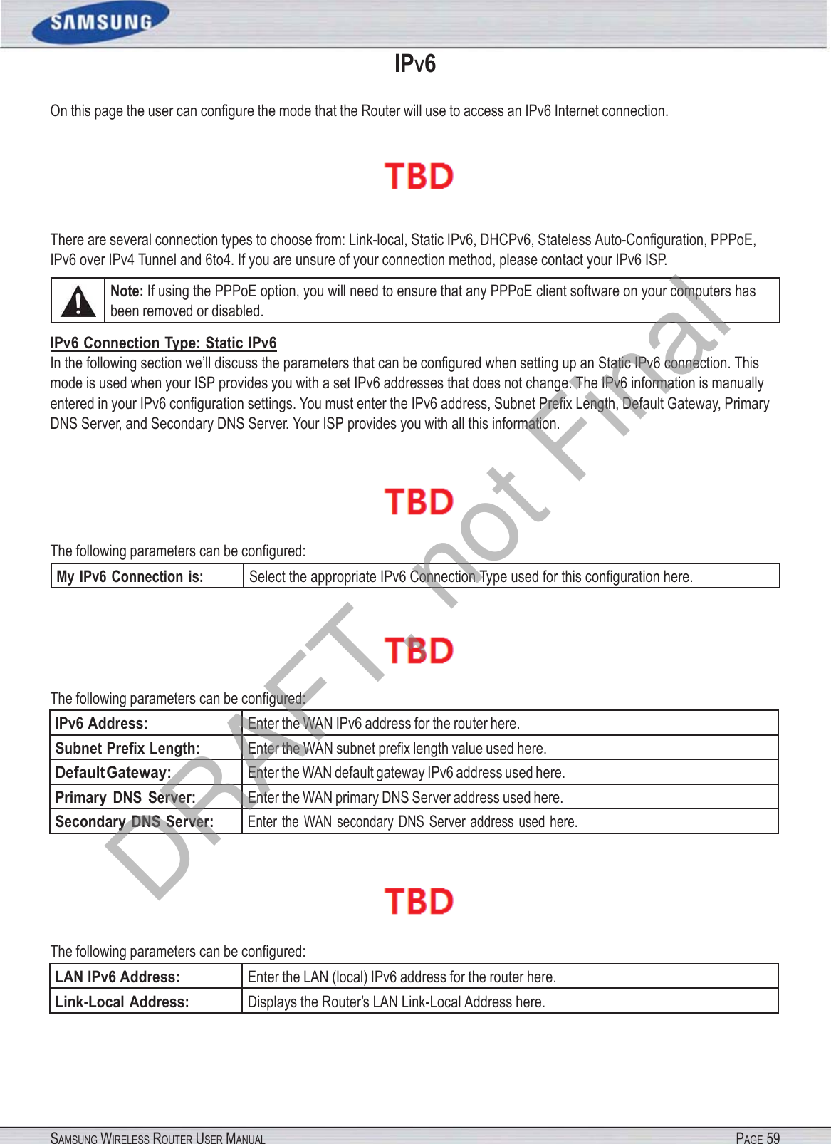 SAMSUNG WIRELESS ROUTER USER MANUAL PAGE 59IPV6 On this page the user can conﬁgure the mode that the Router will use to access an IPv6 Internet connection.  There are several connection types to choose from: Link-local, Static IPv6, DHCPv6, Stateless Auto-Conﬁguration, PPPoE, IPv6 over IPv4 Tunnel and 6to4. If you are unsure of your connection method, please contact your IPv6 ISP. Note: If using the PPPoE option, you will need to ensure that any PPPoE client software on your computers has been removed or disabled. IPv6 Connection Type: Static IPv6 In the following section we’ll discuss the parameters that can be conﬁgured when setting up an Static IPv6 connection. This mode is used when your ISP provides you with a set IPv6 addresses that does not change. The IPv6 information is manually entered in your IPv6 conﬁguration settings. You must enter the IPv6 address, Subnet Preﬁx Length, Default Gateway, Primary DNS Server, and Secondary DNS Server. Your ISP provides you with all this information.  The following parameters can be conﬁgured: My IPv6 Connection  is: Select the appropriate IPv6 Connection Type used for this conﬁguration here.  The following parameters can be conﬁgured: IPv6 Address: Enter the WAN IPv6 address for the router here. Subnet Preﬁx Length: Enter the WAN subnet preﬁx length value used here. Default Gateway: Enter the WAN default gateway IPv6 address used here. Primary  DNS  Server: Enter the WAN primary DNS Server address used here. Secondary  DNS Server: Enter  the  WAN  secondary  DNS  Server  address  used  here.  The following parameters can be conﬁgured: LAN IPv6 Address: Enter the LAN (local) IPv6 address for the router here. Link-Local Address: Displays the Router’s LAN Link-Local Address here. DRAFT, not Final