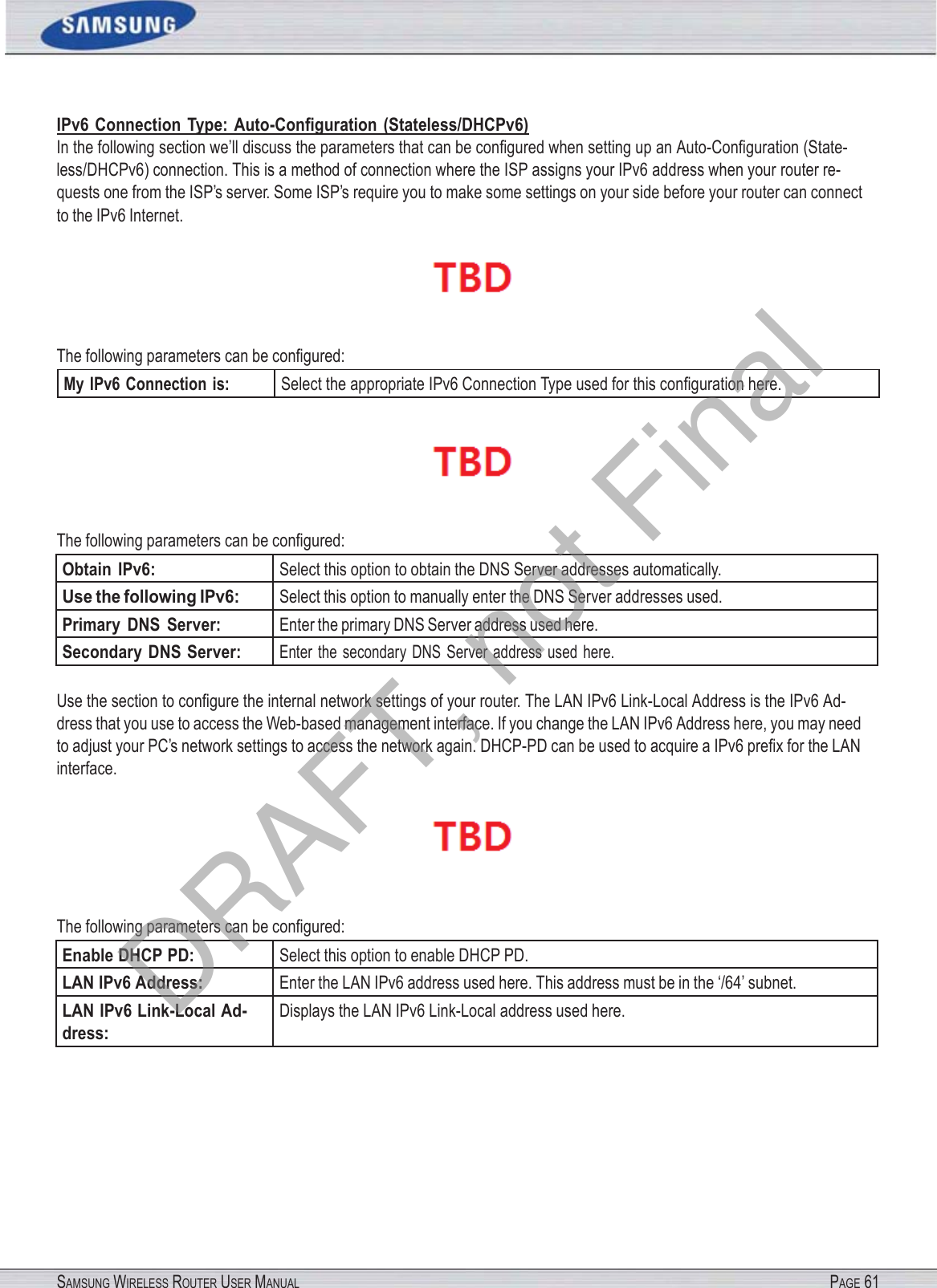 SAMSUNG WIRELESS ROUTER USER MANUAL PAGE 61IPv6  Connection  Type: Auto-Conﬁguration  (Stateless/DHCPv6) In the following section we’ll discuss the parameters that can be conﬁgured when setting up an Auto-Conﬁguration (State- less/DHCPv6) connection. This is a method of connection where the ISP assigns your IPv6 address when your router re- quests one from the ISP’s server. Some ISP’s require you to make some settings on your side before your router can connect to the IPv6 Internet.  The following parameters can be conﬁgured: My IPv6 Connection  is: Select the appropriate IPv6 Connection Type used for this conﬁguration here.  The following parameters can be conﬁgured: Obtain  IPv6: Select this option to obtain the DNS Server addresses automatically. Use the following IPv6: Select this option to manually enter the DNS Server addresses used. Primary  DNS  Server: Enter the primary DNS Server address used here. Secondary  DNS Server: Enter  the  secondary  DNS  Server  address  used  here. Use the section to conﬁgure the internal network settings of your router. The LAN IPv6 Link-Local Address is the IPv6 Ad- dress that you use to access the Web-based management interface. If you change the LAN IPv6 Address here, you may need to adjust your PC’s network settings to access the network again. DHCP-PD can be used to acquire a IPv6 preﬁx for the LAN interface.  The following parameters can be conﬁgured: Enable DHCP PD: Select this option to enable DHCP PD. LAN IPv6 Address: Enter the LAN IPv6 address used here. This address must be in the ‘/64’ subnet. LAN IPv6 Link-Local Ad- dress: Displays the LAN IPv6 Link-Local address used here. DRAFT, not Final