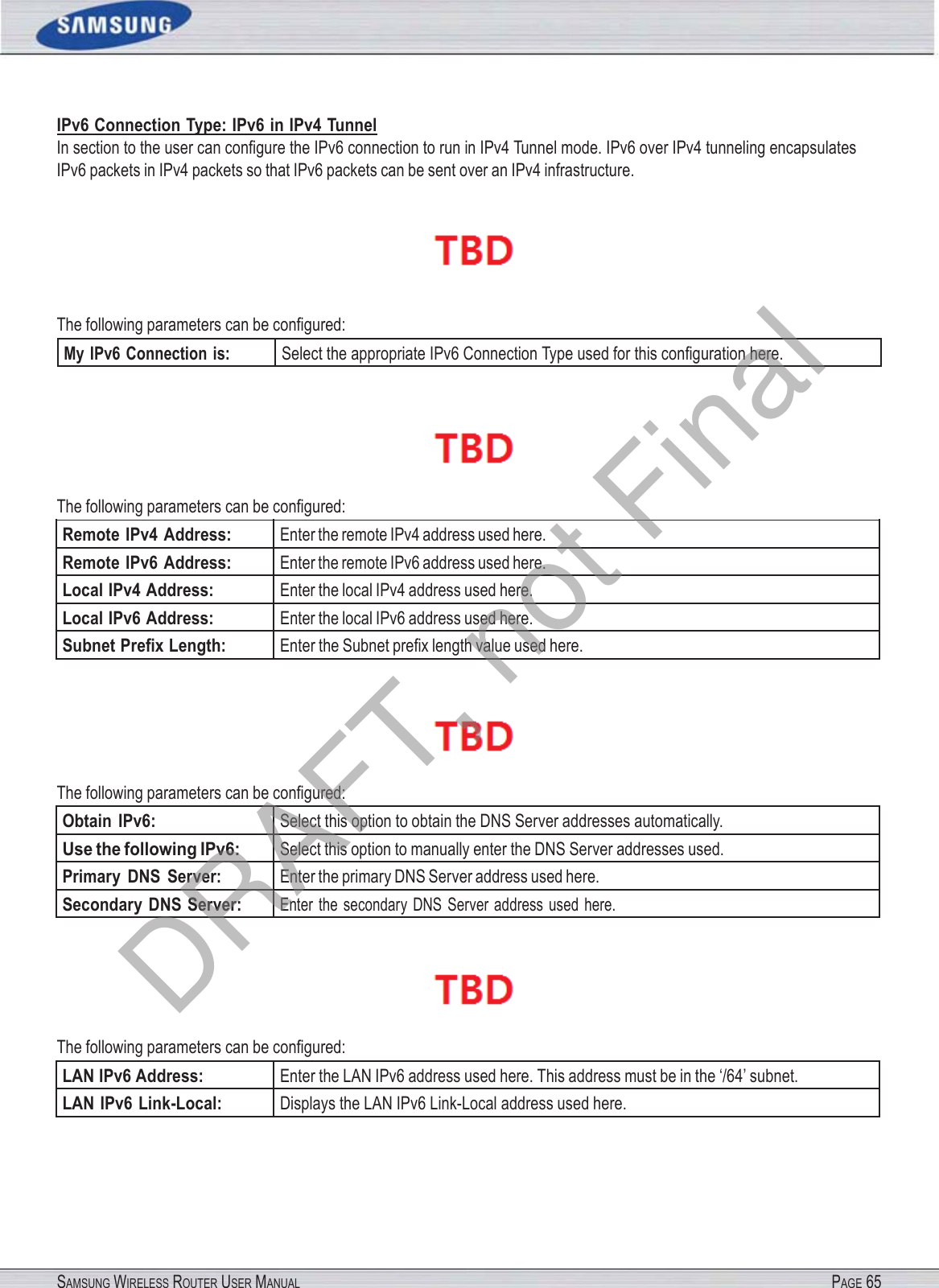 SAMSUNG WIRELESS ROUTER USER MANUAL PAGE 65IPv6 Connection Type: IPv6 in IPv4 Tunnel In section to the user can conﬁgure the IPv6 connection to run in IPv4 Tunnel mode. IPv6 over IPv4 tunneling encapsulates IPv6 packets in IPv4 packets so that IPv6 packets can be sent over an IPv4 infrastructure.  The following parameters can be conﬁgured: My IPv6 Connection  is: Select the appropriate IPv6 Connection Type used for this conﬁguration here.  The following parameters can be conﬁgured: Remote IPv4 Address: Enter the remote IPv4 address used here. Remote IPv6 Address: Enter the remote IPv6 address used here. Local IPv4 Address: Enter the local IPv4 address used here. Local IPv6 Address: Enter the local IPv6 address used here. Subnet Preﬁx Length: Enter the Subnet preﬁx length value used here.  The following parameters can be conﬁgured: Obtain  IPv6: Select this option to obtain the DNS Server addresses automatically. Use the following IPv6: Select this option to manually enter the DNS Server addresses used. Primary  DNS  Server: Enter the primary DNS Server address used here. Secondary  DNS Server: Enter  the  secondary  DNS  Server  address  used  here.  The following parameters can be conﬁgured: LAN IPv6 Address: Enter the LAN IPv6 address used here. This address must be in the ‘/64’ subnet. LAN IPv6 Link-Local: Displays the LAN IPv6 Link-Local address used here. DRAFT, not Final