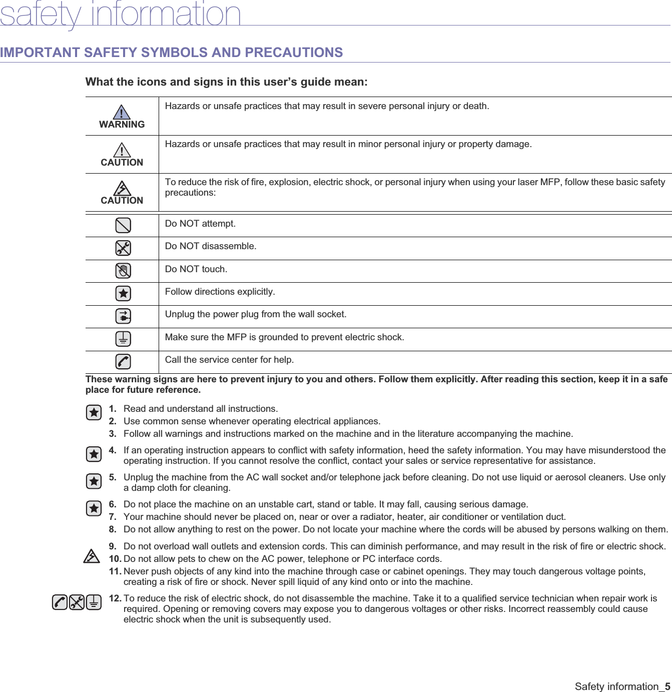 Safety information_5safety informationIMPORTANT SAFETY SYMBOLS AND PRECAUTIONSWhat the icons and signs in this user’s guide mean:These warning signs are here to prevent injury to you and others. Follow them explicitly. After reading this section, keep it in a safe place for future reference.WARNINGHazards or unsafe practices that may result in severe personal injury or death.CAUTIONHazards or unsafe practices that may result in minor personal injury or property damage.CAUTIONTo reduce the risk of fire, explosion, electric shock, or personal injury when using your laser MFP, follow these basic safety precautions:Do NOT attempt.Do NOT disassemble.Do NOT touch.Follow directions explicitly.Unplug the power plug from the wall socket.Make sure the MFP is grounded to prevent electric shock.Call the service center for help.1. Read and understand all instructions.2. Use common sense whenever operating electrical appliances.3. Follow all warnings and instructions marked on the machine and in the literature accompanying the machine.4. If an operating instruction appears to conflict with safety information, heed the safety information. You may have misunderstood the operating instruction. If you cannot resolve the conflict, contact your sales or service representative for assistance.5. Unplug the machine from the AC wall socket and/or telephone jack before cleaning. Do not use liquid or aerosol cleaners. Use onlya damp cloth for cleaning.6. Do not place the machine on an unstable cart, stand or table. It may fall, causing serious damage.7. Your machine should never be placed on, near or over a radiator, heater, air conditioner or ventilation duct.8. Do not allow anything to rest on the power. Do not locate your machine where the cords will be abused by persons walking on them.9. Do not overload wall outlets and extension cords. This can diminish performance, and may result in the risk of fire or electric shock.10. Do not allow pets to chew on the AC power, telephone or PC interface cords.11. Never push objects of any kind into the machine through case or cabinet openings. They may touch dangerous voltage points, creating a risk of fire or shock. Never spill liquid of any kind onto or into the machine.12. To reduce the risk of electric shock, do not disassemble the machine. Take it to a qualified service technician when repair work is required. Opening or removing covers may expose you to dangerous voltages or other risks. Incorrect reassembly could cause electric shock when the unit is subsequently used.