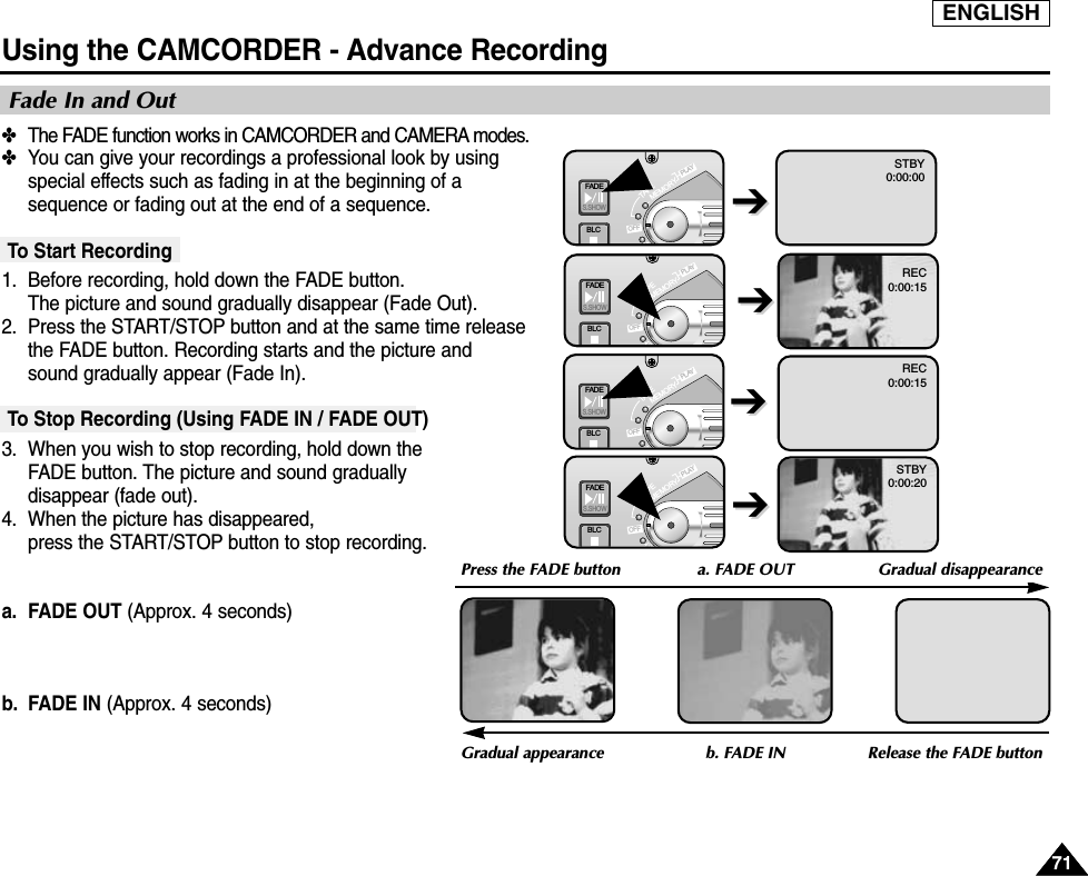 ENGLISHUsing the CAMCORDER - Advance Recording7171✤The FADE function works in CAMCORDER and CAMERA modes.✤You can give your recordings a professional look by usingspecial effects such as fading in at the beginning of asequence or fading out at the end of a sequence.To Start Recording1. Before recording, hold down the FADE button.The picture and sound gradually disappear (Fade Out).2. Press the START/STOP button and at the same time releasethe FADE button. Recording starts and the picture and sound gradually appear (Fade In).To Stop Recording (Using FADE IN / FADE OUT)3. When you wish to stop recording, hold down the FADE button. The picture and sound gradually disappear (fade out).4. When the picture has disappeared, press the START/STOP button to stop recording.a. FADE OUT (Approx. 4 seconds)b. FADE IN (Approx. 4 seconds)Fade In and OutGradual appearance b. FADE IN Release the FADE buttonFAD ES.SHOWBLCMEMORYTAPEPLAYOFFFAD ES.SHOWBLCMEMORYTAPEPLAYOFF➔➔REC0:00:15REC0:00:15STBY0:00:20➔➔➔➔STBY0:00:00➔➔Press the FADE button a. FADE OUT  Gradual disappearanceFADES.SHOWBLCMEMORYTAPERPLAYOFFFADES.SHOWBLCMEMORYTAPERPLAYOFF