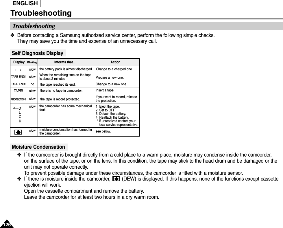ENGLISH126126Troubleshooting✤Before contacting a Samsung authorized service center, perform the following simple checks. They may save you the time and expense of an unnecessary call.Self Diagnosis DisplayMoisture Condensation✤If the camcorder is brought directly from a cold place to a warm place, moisture may condense inside the camcorder, on the surface of the tape, or on the lens. In this condition, the tape may stick to the head drum and be damaged or theunit may not operate correctly.To prevent possible damage under these circumstances, the camcorder is fitted with a moisture sensor.✤If there is moisture inside the camcorder,  (DEW) is displayed. If this happens, none of the functions except cassetteejection will work. Open the cassette compartment and remove the battery. Leave the camcorder for at least two hours in a dry warm room.slowslownoslowslowslowslowthe battery pack is almost discharged. Change to a charged one. When the remaining time on the tapeis about 2 minutes Prepare a new one. the tape reached its end. Change to a new one.there is no tape in camcorder. Insert a tape.the tape is record protected.  If you want to record, releasethe protection.moisture condensation has formed inthe camcorder. see below.the camcorder has some mechanicalfault. 1. Eject the tape.2. Set to OFF.3. Detach the battery.4. Reattach the battery. * If unresolved contact yourlocal service representative.  TAPE END!TAPE END!TAPE!PROTECTION!....DLCRDisplay Blinking Informs that...  ActionTroubleshooting