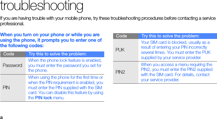 atroubleshootingIf you are having trouble with your mobile phone, try these troubleshooting procedures before contacting a service professional.When you turn on your phone or while you are using the phone, it prompts you to enter one of the following codes:Code Try this to solve the problem:PasswordWhen the phone lock feature is enabled, you must enter the password you set for the phone.PINWhen using the phone for the first time or when the PIN requirement is enabled, you must enter the PIN supplied with the SIM card. You can disable this feature by using the PIN lock menu.PUKYour SIM card is blocked, usually as a result of entering your PIN incorrectly several times. You must enter the PUK supplied by your service provider. PIN2When you access a menu requiring the PIN2, you must enter the PIN2 supplied with the SIM card. For details, contact your service provider.Code Try this to solve the problem: