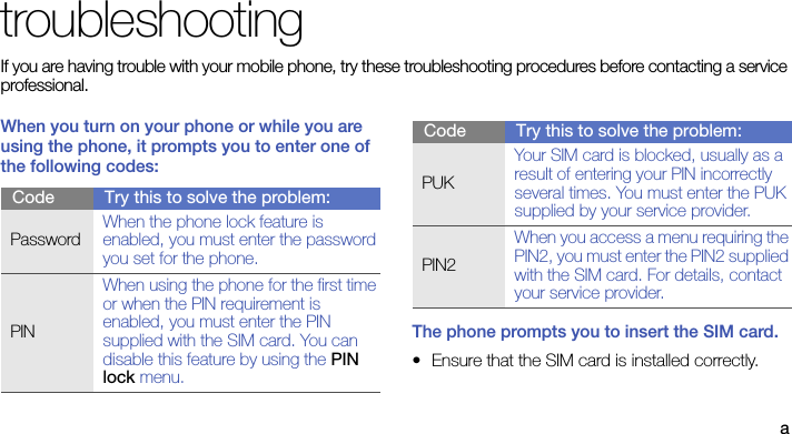 atroubleshootingIf you are having trouble with your mobile phone, try these troubleshooting procedures before contacting a service professional.When you turn on your phone or while you are using the phone, it prompts you to enter one of the following codes:The phone prompts you to insert the SIM card.• Ensure that the SIM card is installed correctly.Code Try this to solve the problem:PasswordWhen the phone lock feature is enabled, you must enter the password you set for the phone.PINWhen using the phone for the first time or when the PIN requirement is enabled, you must enter the PIN supplied with the SIM card. You can disable this feature by using the PIN lock menu.PUKYour SIM card is blocked, usually as a result of entering your PIN incorrectly several times. You must enter the PUK supplied by your service provider. PIN2When you access a menu requiring the PIN2, you must enter the PIN2 supplied with the SIM card. For details, contact your service provider.Code Try this to solve the problem: