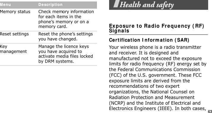 63Health and safety informationEx posu re  to Radio Frequency ( RF)  SignalsCer t ificat ion I nform a t ion  ( SAR)Your wireless phone is a radio transmitter and receiver. It is designed and manufactured not to exceed the exposure limits for radio frequency (RF) energy set by the Federal Communications Commission (FCC) of the U.S. government. These FCC exposure limits are derived from the recommendations of two expert organizations, the National Counsel on Radiation Protection and Measurement (NCRP) and the Institute of Electrical and Electronics Engineers (IEEE). In both cases, Memory status Check memory information for each items in the phone’s memory or on a memory card.Reset settings Reset the phone’s settings you have changed.Key managementManage the licence keys you have acquired to activate media files locked by DRM systems.Menu Descr ip t ionE840-2.fm  Page 41  Monday, May 14, 2007  9:04 AM