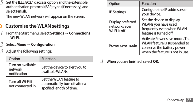 Connectivity 77Option FunctionIP Settings Congure the IP addresses of your device.Display preferred networks even Wi-Fi is oSet the device to display WLANs you have used frequently even when WLAN feature is turned o.Power save modeActivate Power save mode. The WLAN feature is suspended to conserve the battery power when the feature is not in use.When you are nished, select 4 OK.Set the IEEE 802.1x access option and the extensible 5 authentication protocol (EAP) type (if necessary) and select Finish.The new WLAN network will appear on the screen.Customise the WLAN settings ›From the Start menu, select 1 Settings →Connections → Wi-Fi.Select 2 Menu → Conguration.Adjust the following settings:3 Option FunctionTurn on available network noticationSet the device to alert you to available WLANs.Turn o Wi-Fi if not connected inSet the WLAN feature to automatically turn o after a spcied length of time.