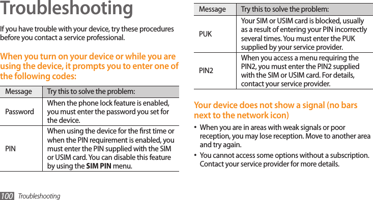 Troubleshooting100TroubleshootingIf you have trouble with your device, try these procedures before you contact a service professional.When you turn on your device or while you are using the device, it prompts you to enter one of the following codes:Message Try this to solve the problem:PasswordWhen the phone lock feature is enabled, you must enter the password you set for the device.PINWhen using the device for the rst time or when the PIN requirement is enabled, you must enter the PIN supplied with the SIM or USIM card. You can disable this feature by using the SIM PIN menu.Message Try this to solve the problem:PUKYour SIM or USIM card is blocked, usually as a result of entering your PIN incorrectly several times. You must enter the PUK supplied by your service provider. PIN2When you access a menu requiring the PIN2, you must enter the PIN2 supplied with the SIM or USIM card. For details, contact your service provider.Your device does not show a signal (no bars next to the network icon)When you are in areas with weak signals or poor •reception, you may lose reception. Move to another area and try again.You cannot access some options without a subscription. •Contact your service provider for more details.