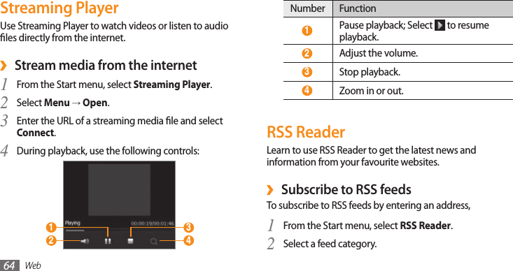 Web64Number Function 1 Pause playback; Select   to resume playback. 2 Adjust the volume. 3 Stop playback. 4 Zoom in or out.RSS ReaderLearn to use RSS Reader to get the latest news and information from your favourite websites.Subscribe to RSS feeds ›To subscribe to RSS feeds by entering an address,From the Start menu, select 1 RSS Reader.Select a feed category.2 Streaming PlayerUse Streaming Player to watch videos or listen to audio les directly from the internet.Stream media from the internet ›From the Start menu, select 1 Streaming Player.Select 2 Menu → Open.Enter the URL of a streaming media le and select 3 Connect.During playback, use the following controls:4  2  1   3  4 