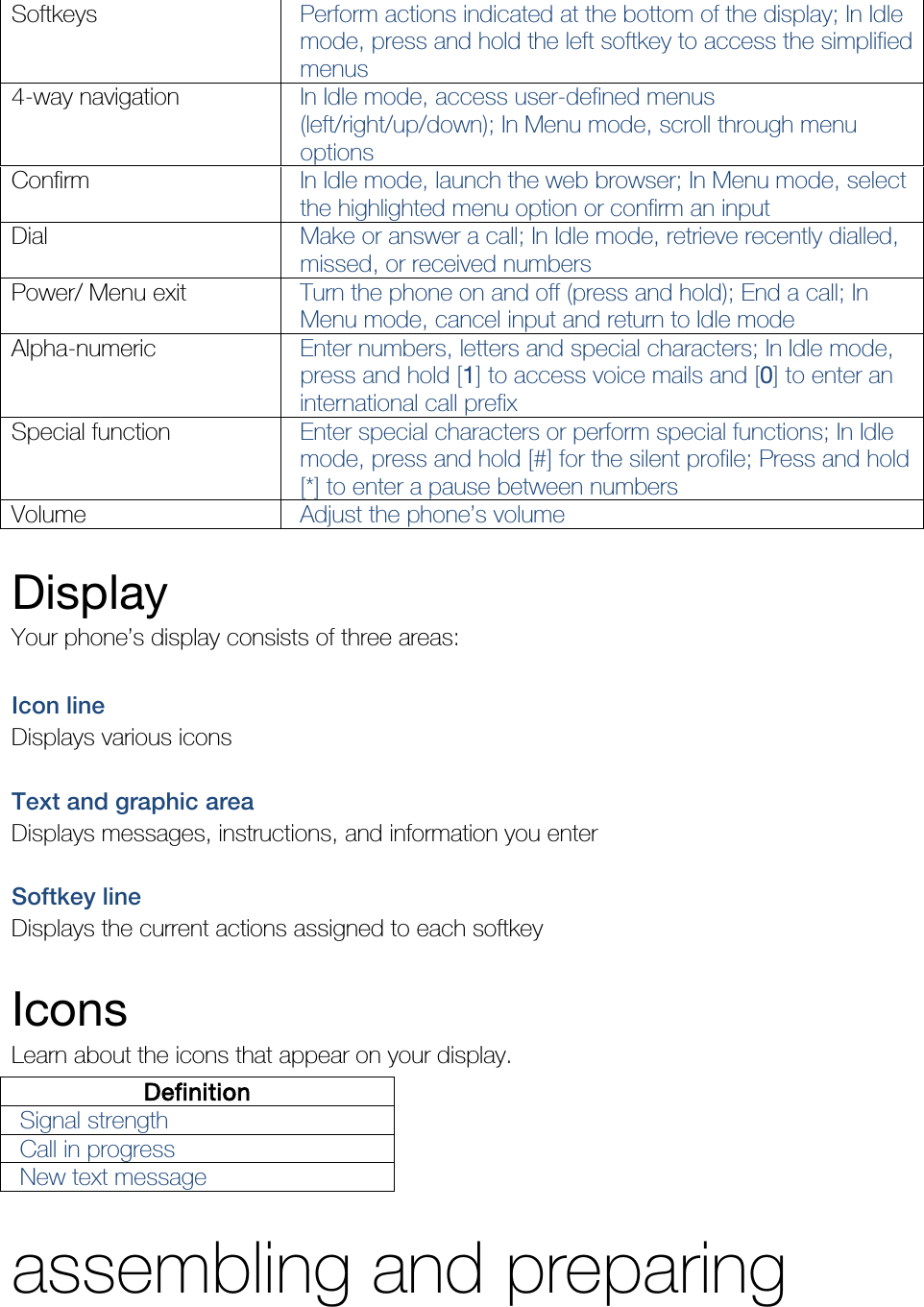 Softkeys Perform actions indicated at the bottom of the display; In Idle mode, press and hold the left softkey to access the simplified menus 4-way navigation In Idle mode, access user-defined menus (left/right/up/down); In Menu mode, scroll through menu options Confirm In Idle mode, launch the web browser; In Menu mode, select the highlighted menu option or confirm an input Dial  Make or answer a call; In Idle mode, retrieve recently dialled, missed, or received numbers Power/ Menu exit Turn the phone on and off (press and hold); End a call; In Menu mode, cancel input and return to Idle mode Alpha-numeric Enter numbers, letters and special characters; In Idle mode, press and hold [1] to access voice mails and [0] to enter an international call prefix Special function Enter special characters or perform special functions; In Idle mode, press and hold [#] for the silent profile; Press and hold [*] to enter a pause between numbers Volume Adjust the phone’s volume  Display Your phone’s display consists of three areas:  Icon line Displays various icons  Text and graphic area Displays messages, instructions, and information you enter  Softkey line Displays the current actions assigned to each softkey  Icons Learn about the icons that appear on your display. Definition Signal strength Call in progress New text message  assembling and preparing 