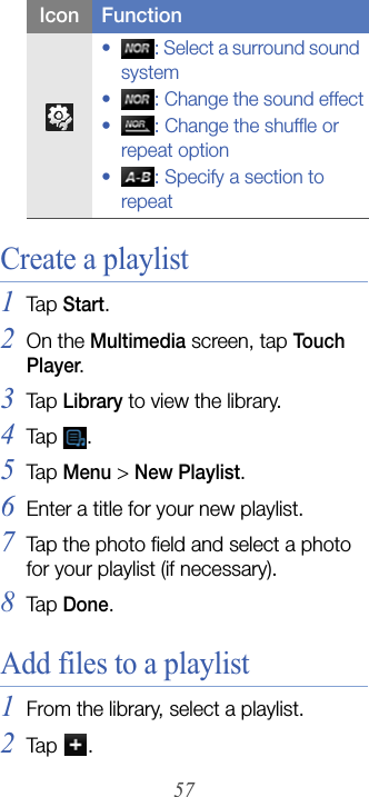 57Create a playlist1Tap  Start.2On the Multimedia screen, tap Tou ch  Player.3Tap  Library to view the library.4Tap  .5Tap  Menu &gt; New Playlist.6Enter a title for your new playlist.7Tap the photo field and select a photo for your playlist (if necessary).8Tap  Done.Add files to a playlist1From the library, select a playlist.2Tap  .• : Select a surround sound system• : Change the sound effect• : Change the shuffle or repeat option• : Specify a section to repeatIcon Function