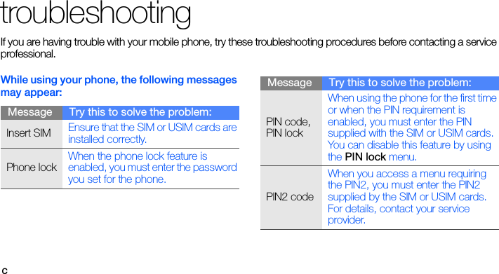 ctroubleshootingIf you are having trouble with your mobile phone, try these troubleshooting procedures before contacting a service professional.While using your phone, the following messages may appear:Message Try this to solve the problem:Insert SIM Ensure that the SIM or USIM cards are installed correctly.Phone lockWhen the phone lock feature is enabled, you must enter the password you set for the phone.PIN code, PIN lockWhen using the phone for the first time or when the PIN requirement is enabled, you must enter the PIN supplied with the SIM or USIM cards. You can disable this feature by using the PIN lock menu.PIN2 codeWhen you access a menu requiring the PIN2, you must enter the PIN2 supplied by the SIM or USIM cards. For details, contact your service provider.Message Try this to solve the problem: