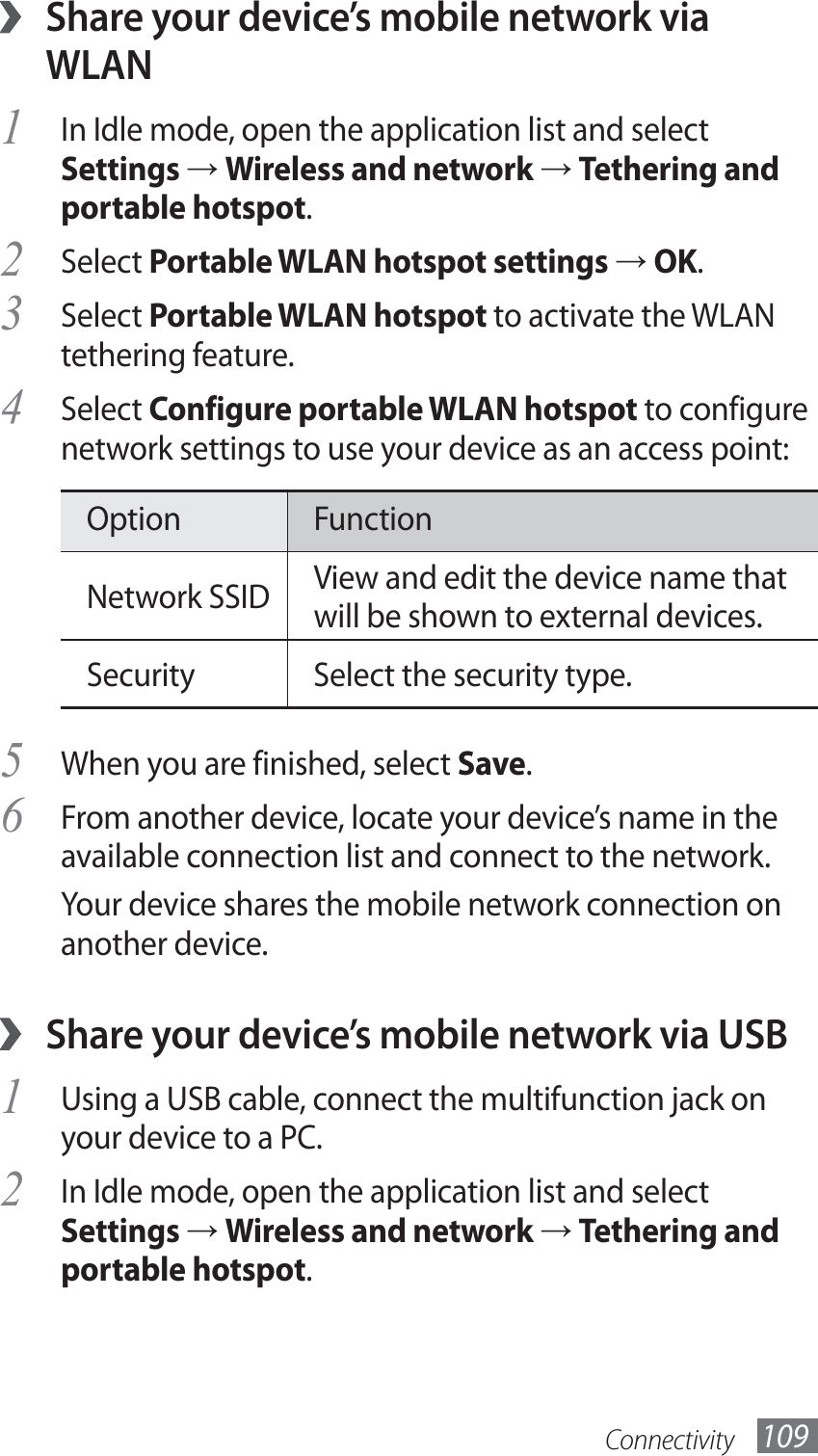 Connectivity 109 ›Share your device’s mobile network via WLANIn Idle mode, open the application list and select 1 Settings → Wireless and network → Tethering and portable hotspot.Select 2 Portable WLAN hotspot settings → OK.Select 3 Portable WLAN hotspot to activate the WLAN tethering feature.Select 4 Configure portable WLAN hotspot to configure network settings to use your device as an access point:Option FunctionNetwork SSID View and edit the device name that will be shown to external devices.Security Select the security type.When you are finished, select 5 Save.From another device, locate your device’s name in the 6 available connection list and connect to the network.Your device shares the mobile network connection on another device. ›Share your device’s mobile network via USBUsing a USB cable, connect the multifunction jack on 1 your device to a PC.In Idle mode, open the application list and select 2 Settings → Wireless and network → Tethering and portable hotspot.