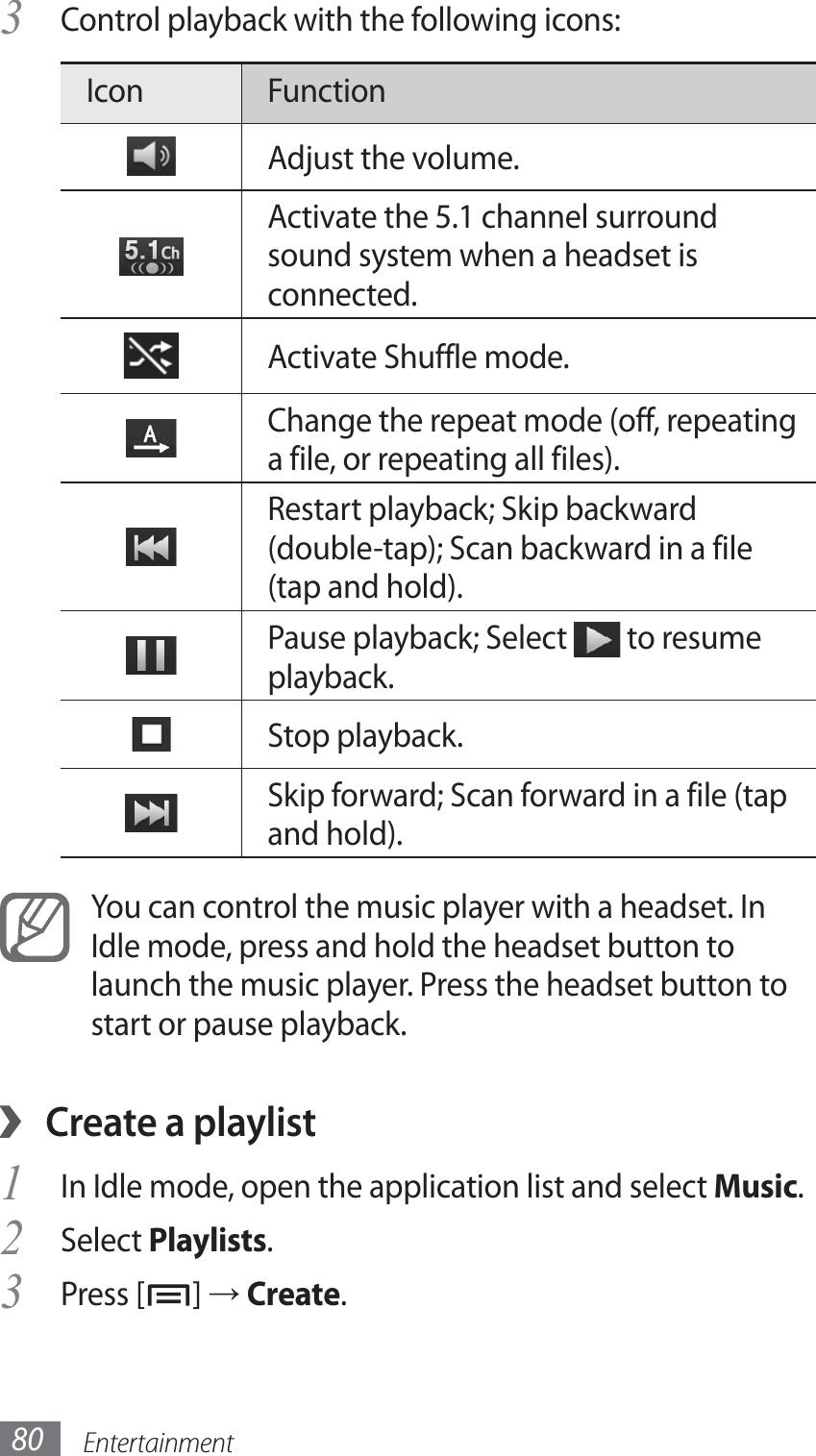 Entertainment80Control playback with the following icons:3 Icon FunctionAdjust the volume. Activate the 5.1 channel surround sound system when a headset is connected.Activate Shuffle mode.Change the repeat mode (off, repeating a file, or repeating all files).Restart playback; Skip backward (double-tap); Scan backward in a file (tap and hold).Pause playback; Select   to resume playback.Stop playback.Skip forward; Scan forward in a file (tap and hold).You can control the music player with a headset. In Idle mode, press and hold the headset button to launch the music player. Press the headset button to start or pause playback.Create a playlist ›In Idle mode, open the application list and select 1 Music.Select 2 Playlists.Press [3 ] → Create.