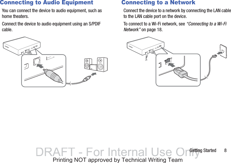 Getting Started       8Connecting to Audio EquipmentYou can connect the device to audio equipment, such as home theaters.Connect the device to audio equipment using an S/PDIF cable.Connecting to a NetworkConnect the device to a network by connecting the LAN cable to the LAN cable port on the device.To connect to a Wi-Fi network, see “Connecting to a Wi-Fi Network” on page 18.DRAFT - For Internal Use OnlyGettingGettingPrinting NOT approved by Technical Writing Team