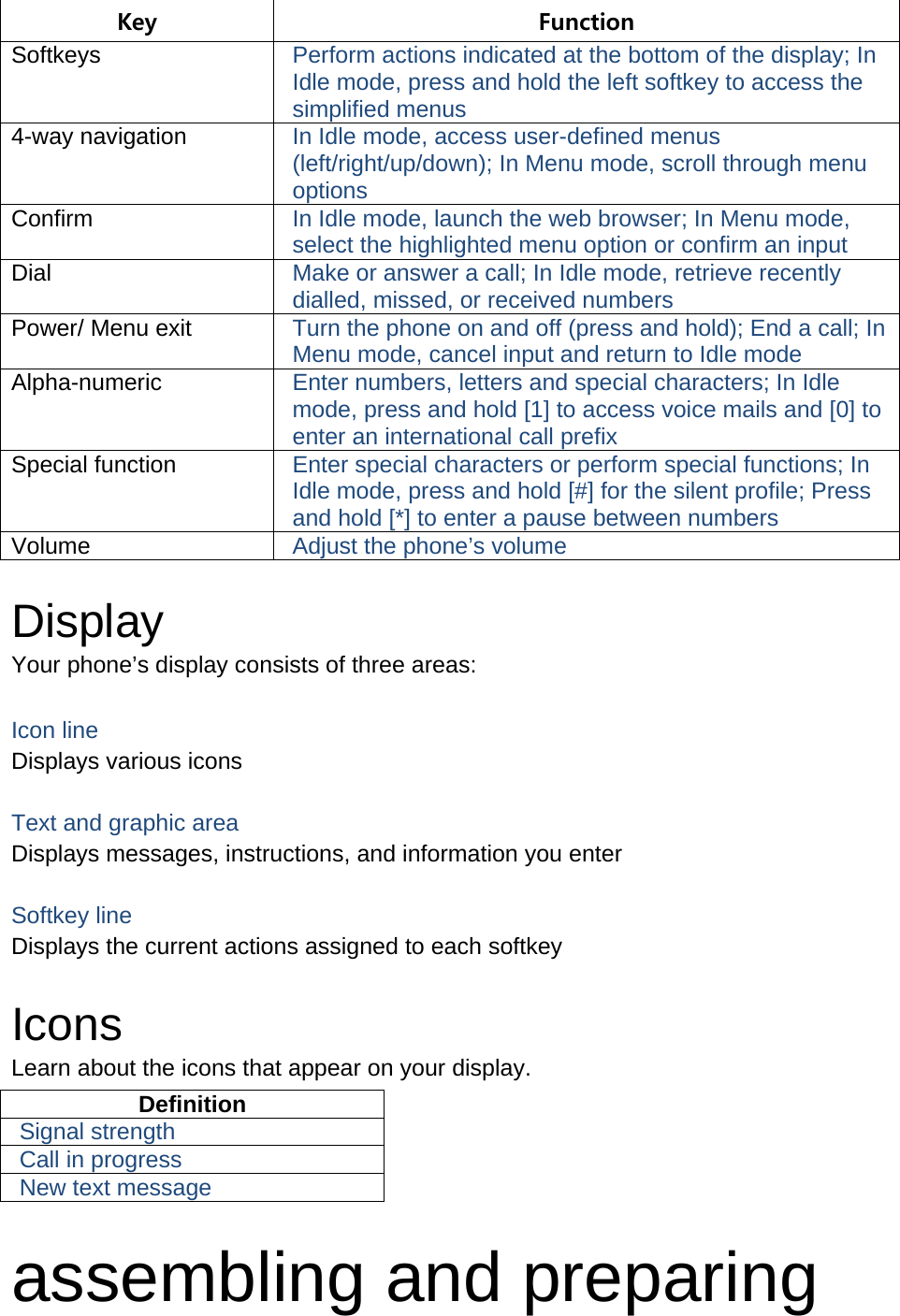 Key  Function Softkeys  Perform actions indicated at the bottom of the display; In Idle mode, press and hold the left softkey to access the simplified menus 4-way navigation  In Idle mode, access user-defined menus (left/right/up/down); In Menu mode, scroll through menu options Confirm  In Idle mode, launch the web browser; In Menu mode, select the highlighted menu option or confirm an input Dial  Make or answer a call; In Idle mode, retrieve recently dialled, missed, or received numbers Power/ Menu exit  Turn the phone on and off (press and hold); End a call; In Menu mode, cancel input and return to Idle mode Alpha-numeric  Enter numbers, letters and special characters; In Idle mode, press and hold [1] to access voice mails and [0] to enter an international call prefix Special function  Enter special characters or perform special functions; In Idle mode, press and hold [#] for the silent profile; Press and hold [*] to enter a pause between numbers Volume  Adjust the phone’s volume  Display Your phone’s display consists of three areas:  Icon line Displays various icons  Text and graphic area Displays messages, instructions, and information you enter  Softkey line Displays the current actions assigned to each softkey  Icons Learn about the icons that appear on your display. Definition Signal strength Call in progress New text message  assembling and preparing 