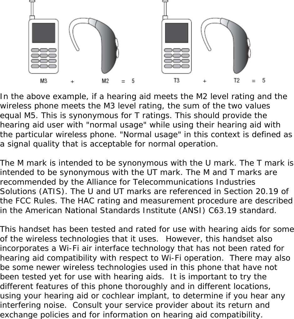  In the above example, if a hearing aid meets the M2 level rating and the wireless phone meets the M3 level rating, the sum of the two values equal M5. This is synonymous for T ratings. This should provide the hearing aid user with &quot;normal usage&quot; while using their hearing aid with the particular wireless phone. &quot;Normal usage&quot; in this context is defined as a signal quality that is acceptable for normal operation.  The M mark is intended to be synonymous with the U mark. The T mark is intended to be synonymous with the UT mark. The M and T marks are recommended by the Alliance for Telecommunications Industries Solutions (ATIS). The U and UT marks are referenced in Section 20.19 of the FCC Rules. The HAC rating and measurement procedure are described in the American National Standards Institute (ANSI) C63.19 standard.  This handset has been tested and rated for use with hearing aids for some of the wireless technologies that it uses.  However, this handset also incorporates a Wi-Fi air interface technology that has not been rated for hearing aid compatibility with respect to Wi-Fi operation.  There may also be some newer wireless technologies used in this phone that have not been tested yet for use with hearing aids.  It is important to try the different features of this phone thoroughly and in different locations, using your hearing aid or cochlear implant, to determine if you hear any interfering noise.  Consult your service provider about its return and exchange policies and for information on hearing aid compatibility. 