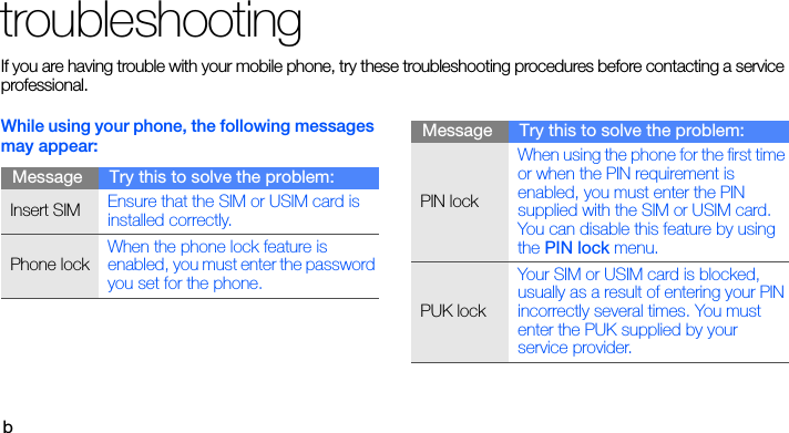 btroubleshootingIf you are having trouble with your mobile phone, try these troubleshooting procedures before contacting a service professional.While using your phone, the following messages may appear:Message Try this to solve the problem:Insert SIM Ensure that the SIM or USIM card is installed correctly.Phone lockWhen the phone lock feature is enabled, you must enter the password you set for the phone.PIN lockWhen using the phone for the first time or when the PIN requirement is enabled, you must enter the PIN supplied with the SIM or USIM card. You can disable this feature by using the PIN lock menu.PUK lockYour SIM or USIM card is blocked, usually as a result of entering your PIN incorrectly several times. You must enter the PUK supplied by your service provider. Message Try this to solve the problem: