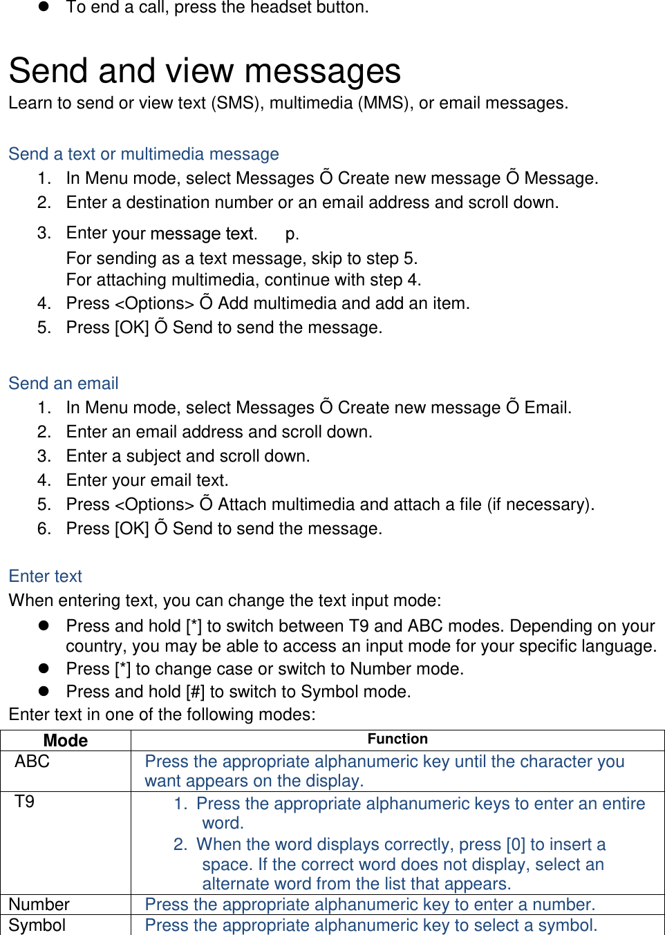 To end a call, press the headset button.Send and view messages Learn to send or view text (SMS), multimedia (MMS), or email messages. Send a text or multimedia message 1. In Menu mode, select Messages Õ  Create new message Õ  Message.2. Enter a destination number or an email address and scroll down.3. EnterFor sending as a text message, skip to step 5.For attaching multimedia, continue with step 4.4. Press &lt;Options&gt; Õ  Add multimedia and add an item.5. Press [OK] Õ  Send to send the message.Send an email 1. In Menu mode, select Messages Õ  Create new message Õ  Email.2. Enter an email address and scroll down.3. Enter a subject and scroll down.4. Enter your email text.5. Press &lt;Options&gt; Õ  Attach multimedia and attach a file (if necessary).6. Press [OK] Õ  Send to send the message.Enter text When entering text, you can change the text input mode: Press and hold [*] to switch between T9 and ABC modes. Depending on yourcountry, you may be able to access an input mode for your specific language.Press [*] to change case or switch to Number mode.Press and hold [#] to switch to Symbol mode.Enter text in one of the following modes: Mode Function ABC Press the appropriate alphanumeric key until the character you want appears on the display. T9 1. Press the appropriate alphanumeric keys to enter an entireword. 2. When the word displays correctly, press [0] to insert aspace. If the correct word does not display, select an alternate word from the list that appears. Number Press the appropriate alphanumeric key to enter a number. Symbol Press the appropriate alphanumeric key to select a symbol. 