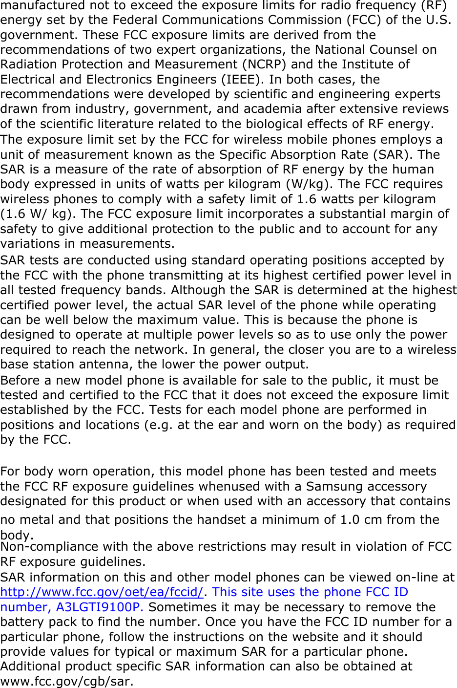 Page 7 of Samsung Electronics Co GTI9100P Cellular/PCS WCDMA/GSM/EDGE Phone with WLAN, RFID and Bluetooth User Manual