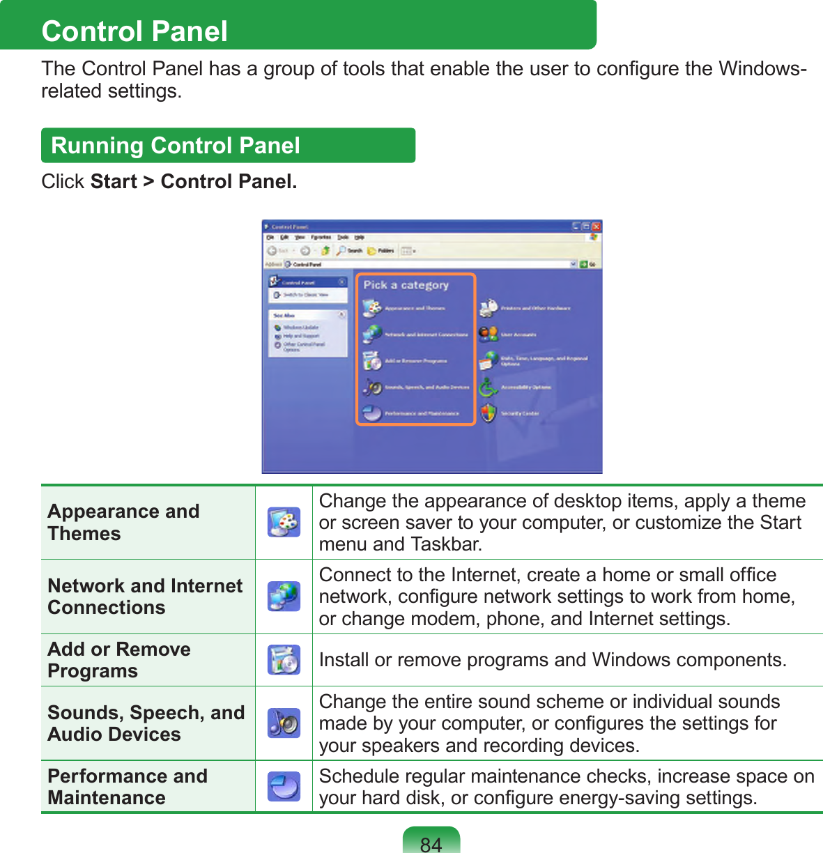 84Control PanelThe Control Panel has a group of tools that enable the user to congure the Windows-related settings.Running Control PanelClick Start &gt; Control Panel.Appearance and ThemesChange the appearance of desktop items, apply a theme or screen saver to your computer, or customize the Start menu and Taskbar.Network and Internet ConnectionsConnect to the Internet, create a home or small ofce network, congure network settings to work from home, or change modem, phone, and Internet settings.Add or Remove Programs Install or remove programs and Windows components.Sounds, Speech, and Audio DevicesChange the entire sound scheme or individual sounds made by your computer, or congures the settings for your speakers and recording devices.Performance and MaintenanceSchedule regular maintenance checks, increase space on your hard disk, or congure energy-saving settings.