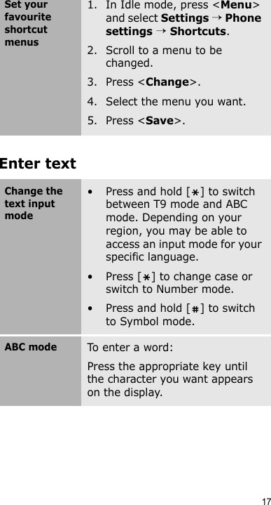 17Enter textSet your favourite shortcut menus1. In Idle mode, press &lt;Menu&gt; and select Settings → Phone settings → Shortcuts.2. Scroll to a menu to be changed.3. Press &lt;Change&gt;.4. Select the menu you want.5. Press &lt;Save&gt;.Change the text input mode• Press and hold [ ] to switch between T9 mode and ABC mode. Depending on your region, you may be able to access an input mode for your specific language.• Press [ ] to change case or switch to Number mode.• Press and hold [ ] to switch to Symbol mode.ABC modeTo enter a word:Press the appropriate key until the character you want appears on the display.