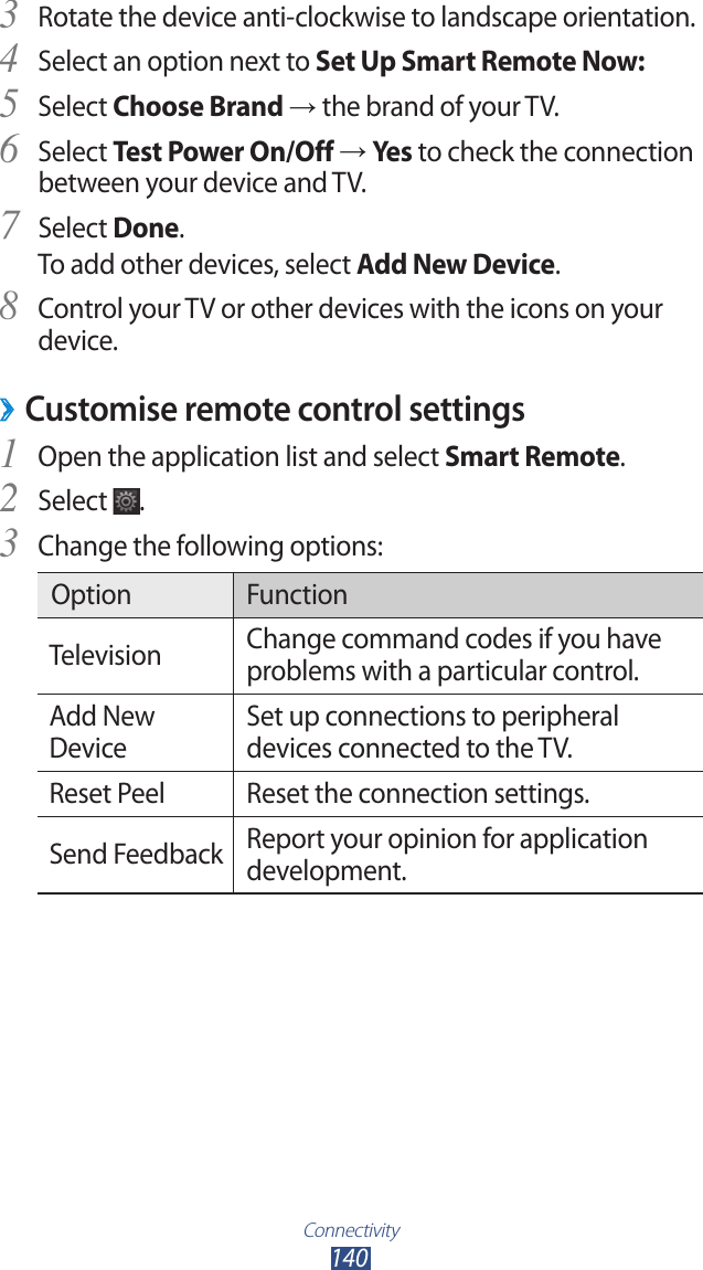 Connectivity140Rotate the device anti-clockwise to landscape orientation.3 Select an option next to 4 Set Up Smart Remote Now:Select 5 Choose Brand → the brand of your TV.Select 6 Test Power On/Off → Yes to check the connection between your device and TV.Select 7 Done.To add other devices, select Add New Device.Control your TV or other devices with the icons on your 8 device.Customise remote control settings ›Open the application list and select 1 Smart Remote.Select 2 .Change the following options:3 Option FunctionTelevision Change command codes if you have problems with a particular control.Add New DeviceSet up connections to peripheral devices connected to the TV.Reset Peel Reset the connection settings.Send Feedback Report your opinion for application development.