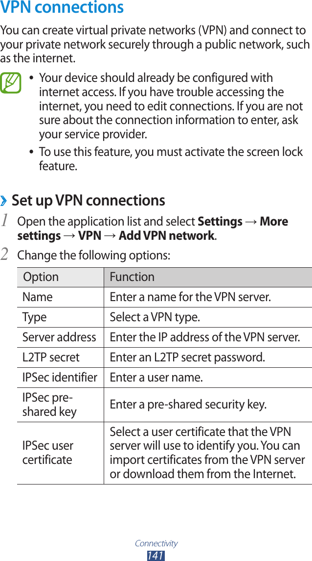 Connectivity141VPN connectionsYou can create virtual private networks (VPN) and connect to your private network securely through a public network, such as the internet.Your device should already be configured with  ●internet access. If you have trouble accessing the internet, you need to edit connections. If you are not sure about the connection information to enter, ask your service provider.To use this feature, you must activate the screen lock  ●feature.Set up VPN connections ›Open the application list and select 1 Settings → More settings → VPN → Add VPN network.Change the following options:2 Option FunctionName Enter a name for the VPN server.Type Select a VPN type.Server address Enter the IP address of the VPN server.L2TP secret Enter an L2TP secret password.IPSec identifier Enter a user name.IPSec pre-shared key Enter a pre-shared security key.IPSec user certificateSelect a user certificate that the VPN server will use to identify you. You can import certificates from the VPN server or download them from the Internet.