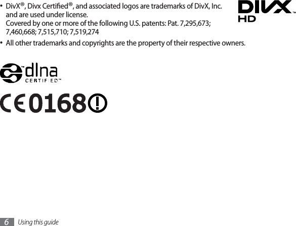 Using this guide6DivX•  ®, Divx Certied®, and associated logos are trademarks of DivX, Inc. and are used under license.Covered by one or more of the following U.S. patents: Pat. 7,295,673; 7,460,668; 7,515,710; 7,519,274All other trademarks and copyrights are the property of their respective owners.• 
