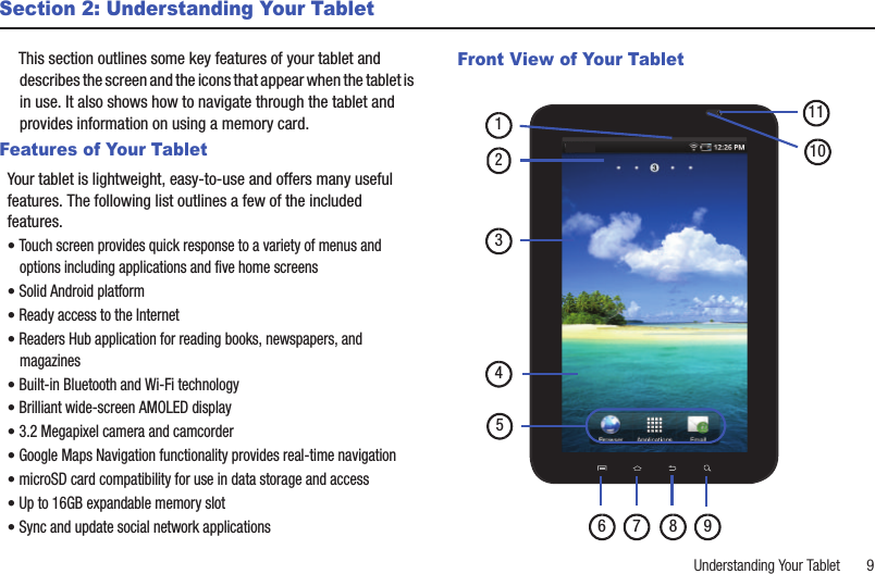Understanding Your Tablet       9Section 2: Understanding Your TabletThis section outlines some key features of your tablet and describes the screen and the icons that appear when the tablet is in use. It also shows how to navigate through the tablet and provides information on using a memory card.Features of Your TabletYour tablet is lightweight, easy-to-use and offers many useful features. The following list outlines a few of the included features.• Touch screen provides quick response to a variety of menus and options including applications and five home screens• Solid Android platform• Ready access to the Internet• Readers Hub application for reading books, newspapers, and magazines• Built-in Bluetooth and Wi-Fi technology• Brilliant wide-screen AMOLED display• 3.2 Megapixel camera and camcorder• Google Maps Navigation functionality provides real-time navigation• microSD card compatibility for use in data storage and access• Up to 16GB expandable memory slot• Sync and update social network applicationsFront View of Your Tablet 732458 9611011