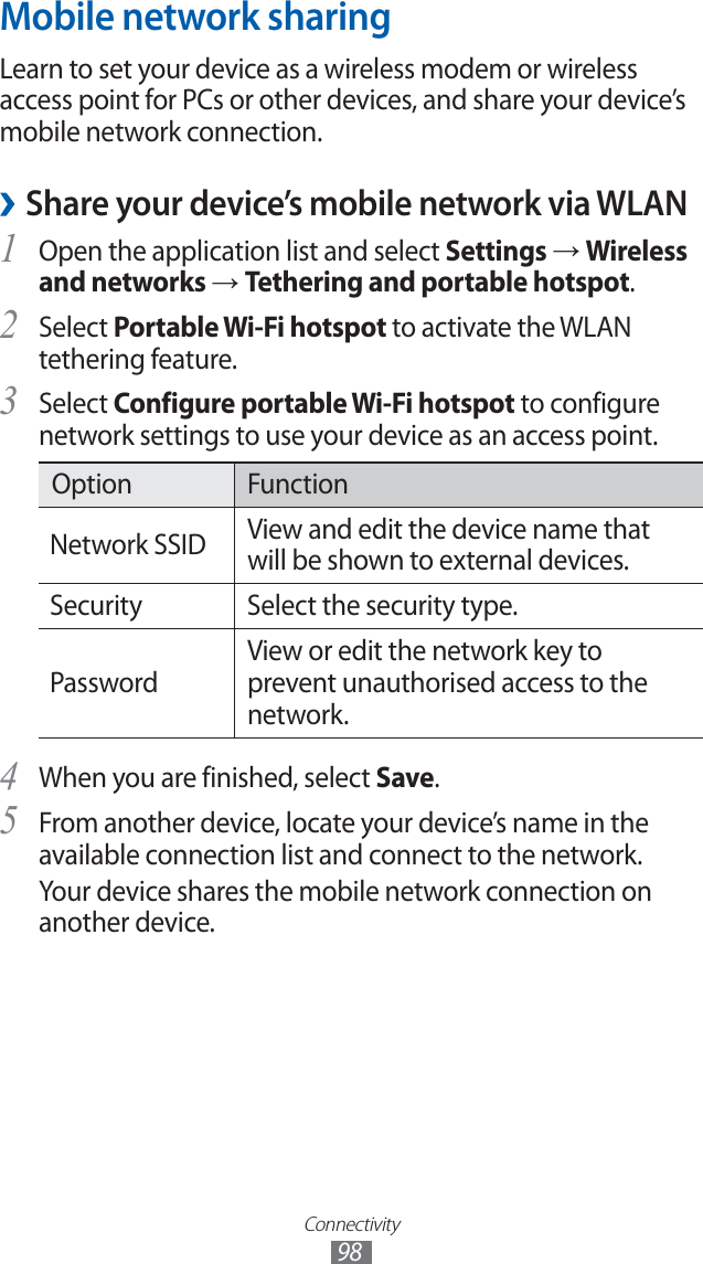 Connectivity98Mobile network sharingLearn to set your device as a wireless modem or wireless access point for PCs or other devices, and share your device’s mobile network connection. ›Share your device’s mobile network via WLANOpen the application list and select 1 Settings → Wireless and networks → Tethering and portable hotspot.Select 2 Portable Wi-Fi hotspot to activate the WLAN tethering feature.Select 3 Configure portable Wi-Fi hotspot to configure network settings to use your device as an access point.Option FunctionNetwork SSIDView and edit the device name that will be shown to external devices.Security Select the security type.PasswordView or edit the network key to prevent unauthorised access to the network.When you are finished, select 4 Save.From another device, locate your device’s name in the 5 available connection list and connect to the network.Your device shares the mobile network connection on another device.