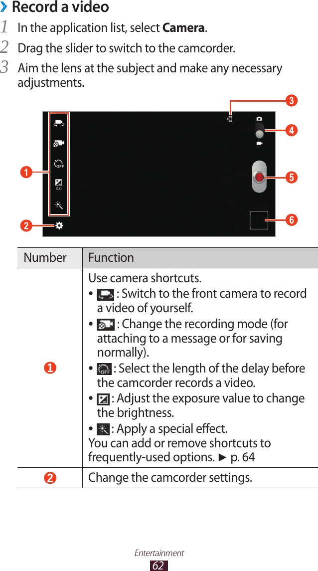 62Entertainment ›Record a videoIn the application list, select 1 Camera.Drag the slider to switch to the camcorder.2 Aim the lens at the subject and make any necessary 3 adjustments.Number Function 1 Use camera shortcuts. ● : Switch to the front camera to record a video of yourself. ● : Change the recording mode (for attaching to a message or for saving normally). ● : Select the length of the delay before the camcorder records a video. ● : Adjust the exposure value to change the brightness. ● : Apply a special effect.You can add or remove shortcuts to frequently-used options. ► p. 64 2 Change the camcorder settings.