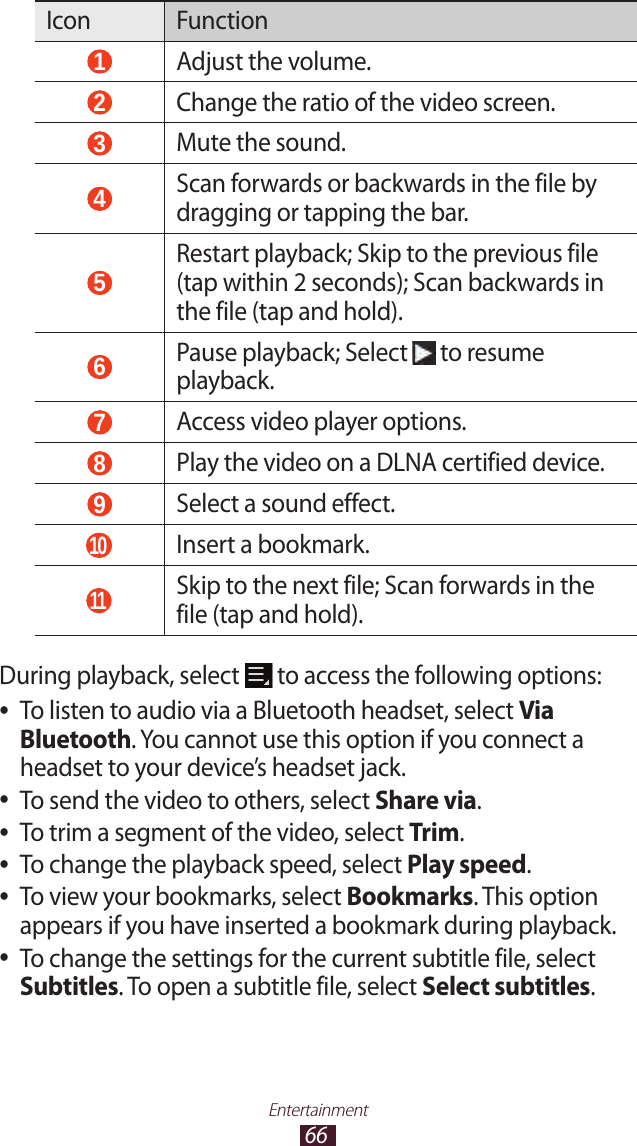 66EntertainmentIcon Function 1 Adjust the volume. 2 Change the ratio of the video screen. 3 Mute the sound. 4 Scan forwards or backwards in the file by dragging or tapping the bar. 5 Restart playback; Skip to the previous file (tap within 2 seconds); Scan backwards in the file (tap and hold). 6 Pause playback; Select   to resume playback.  7 Access video player options. 8 Play the video on a DLNA certified device. 9 Select a sound effect. 10  Insert a bookmark. 11   Skip to the next file; Scan forwards in the file (tap and hold).During playback, select   to access the following options:To listen to audio via a Bluetooth headset, select  ●Via Bluetooth. You cannot use this option if you connect a headset to your device’s headset jack.To send the video to others, select  ●Share via.To trim a segment of the video, select  ●Trim.To change the playback speed, select  ●Play speed.To view your bookmarks, select  ●Bookmarks. This option appears if you have inserted a bookmark during playback.To change the settings for the current subtitle file, select  ●Subtitles. To open a subtitle file, select Select subtitles.