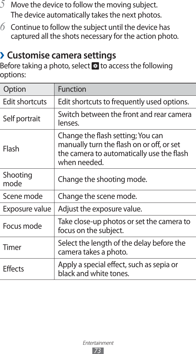 Entertainment73Move the device to follow the moving subject.5 The device automatically takes the next photos.Continue to follow the subject until the device has 6 captured all the shots necessary for the action photo.Customise camera settings ›Before taking a photo, select to access the following options:Option FunctionEdit shortcuts Edit shortcuts to frequently used options.Self portrait Switch between the front and rear camera lenses.FlashChange the flash setting; You can manually turn the flash on or off, or set the camera to automatically use the flash when needed.Shooting mode Change the shooting mode.Scene mode Change the scene mode.Exposure value Adjust the exposure value.Focus mode Take close-up photos or set the camera to focus on the subject.Timer Select the length of the delay before the camera takes a photo.Effects Apply a special effect, such as sepia or black and white tones.