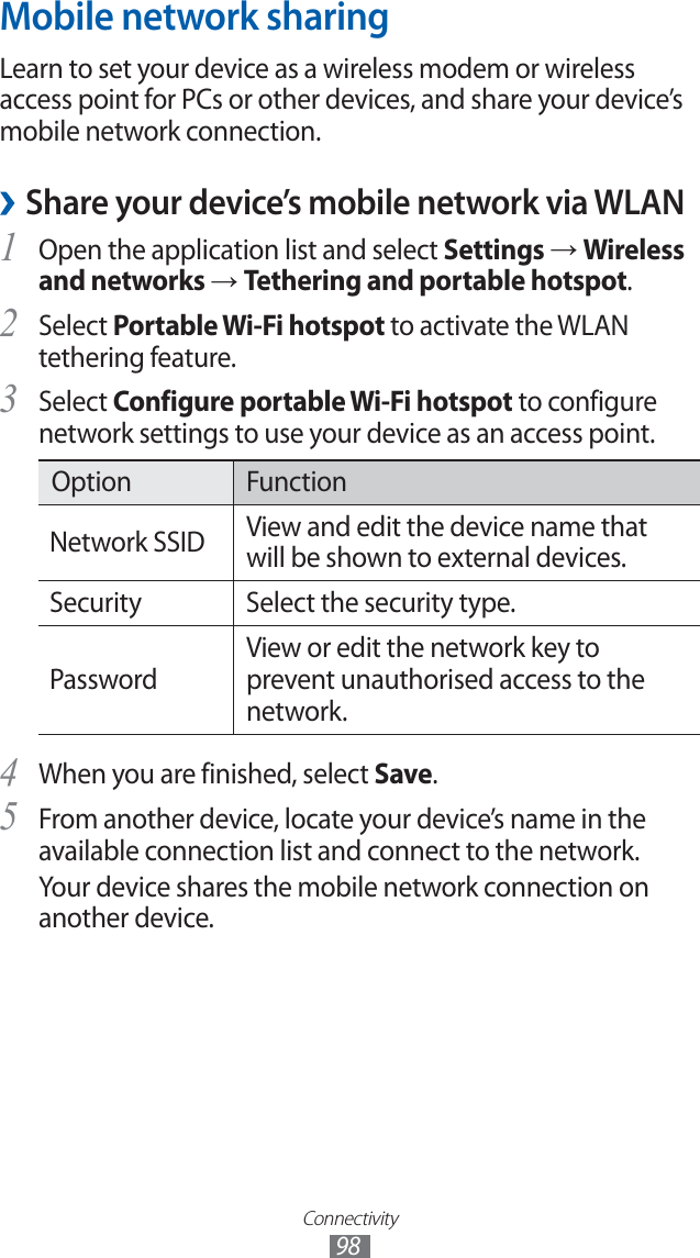Connectivity98Mobile network sharingLearn to set your device as a wireless modem or wireless access point for PCs or other devices, and share your device’s mobile network connection. ›Share your device’s mobile network via WLANOpen the application list and select 1 Settings → Wireless and networks → Tethering and portable hotspot.Select 2 Portable Wi-Fi hotspot to activate the WLAN tethering feature.Select 3 Configure portable Wi-Fi hotspot to configure network settings to use your device as an access point.Option FunctionNetwork SSID View and edit the device name that will be shown to external devices.Security Select the security type.PasswordView or edit the network key to prevent unauthorised access to the network.When you are finished, select 4 Save.From another device, locate your device’s name in the 5 available connection list and connect to the network.Your device shares the mobile network connection on another device.