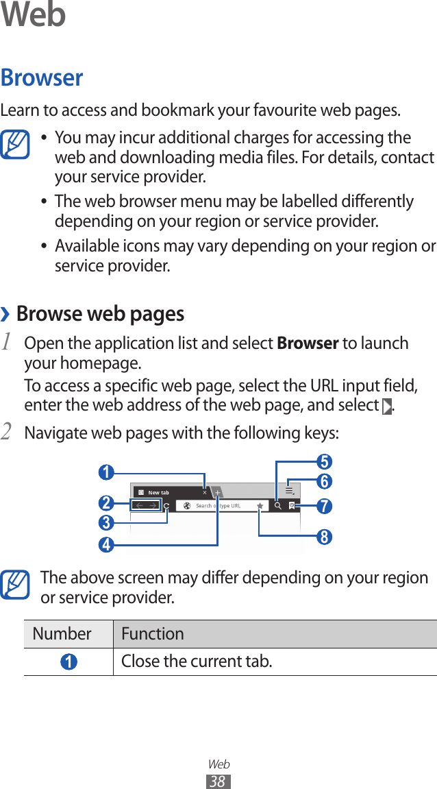 Web38WebBrowserLearn to access and bookmark your favourite web pages.You may incur additional charges for accessing the  ●web and downloading media files. For details, contact your service provider.The web browser menu may be labelled differently  ●depending on your region or service provider.Available icons may vary depending on your region or  ●service provider. ›Browse web pagesOpen the application list and select 1 Browser to launch your homepage.To access a specific web page, select the URL input field, enter the web address of the web page, and select  .Navigate web pages with the following keys:2  3  4  1  2   7  5  6  8 The above screen may differ depending on your region or service provider.Number Function 1 Close the current tab.