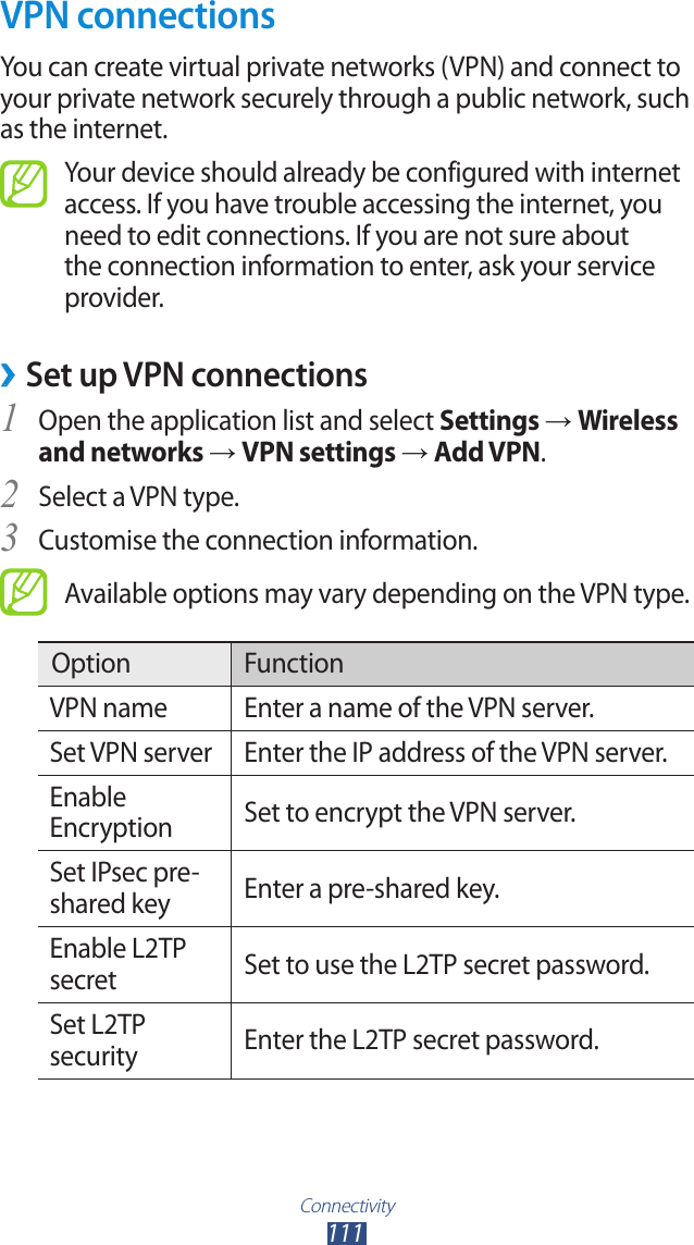 Connectivity111VPN connectionsYou can create virtual private networks (VPN) and connect to your private network securely through a public network, such as the internet.Your device should already be configured with internet access. If you have trouble accessing the internet, you need to edit connections. If you are not sure about the connection information to enter, ask your service provider.Set up VPN connections &rsaquo;Open the application list and select 1 Settings &rarr; Wireless and networks &rarr; VPN settings &rarr; Add VPN.Select a VPN type.2 Customise the connection information.3 Available options may vary depending on the VPN type.Option FunctionVPN name Enter a name of the VPN server.Set VPN server Enter the IP address of the VPN server.Enable Encryption Set to encrypt the VPN server.Set IPsec pre-shared key Enter a pre-shared key.Enable L2TP secret Set to use the L2TP secret password.Set L2TP security Enter the L2TP secret password.