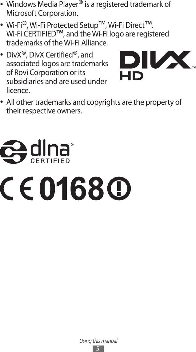 Using this manual5Windows Media Player ●&reg; is a registered trademark of Microsoft Corporation.Wi-Fi ●&reg;, Wi-Fi Protected Setup&trade;, Wi-Fi Direct&trade;,  Wi-Fi CERTIFIED&trade;, and the Wi-Fi logo are registered trademarks of the Wi-Fi Alliance. DivX ●&reg;, DivX Certified&reg;, and associated logos are trademarks of Rovi Corporation or its subsidiaries and are used under licence.All other trademarks and copyrights are the property of  ●their respective owners.